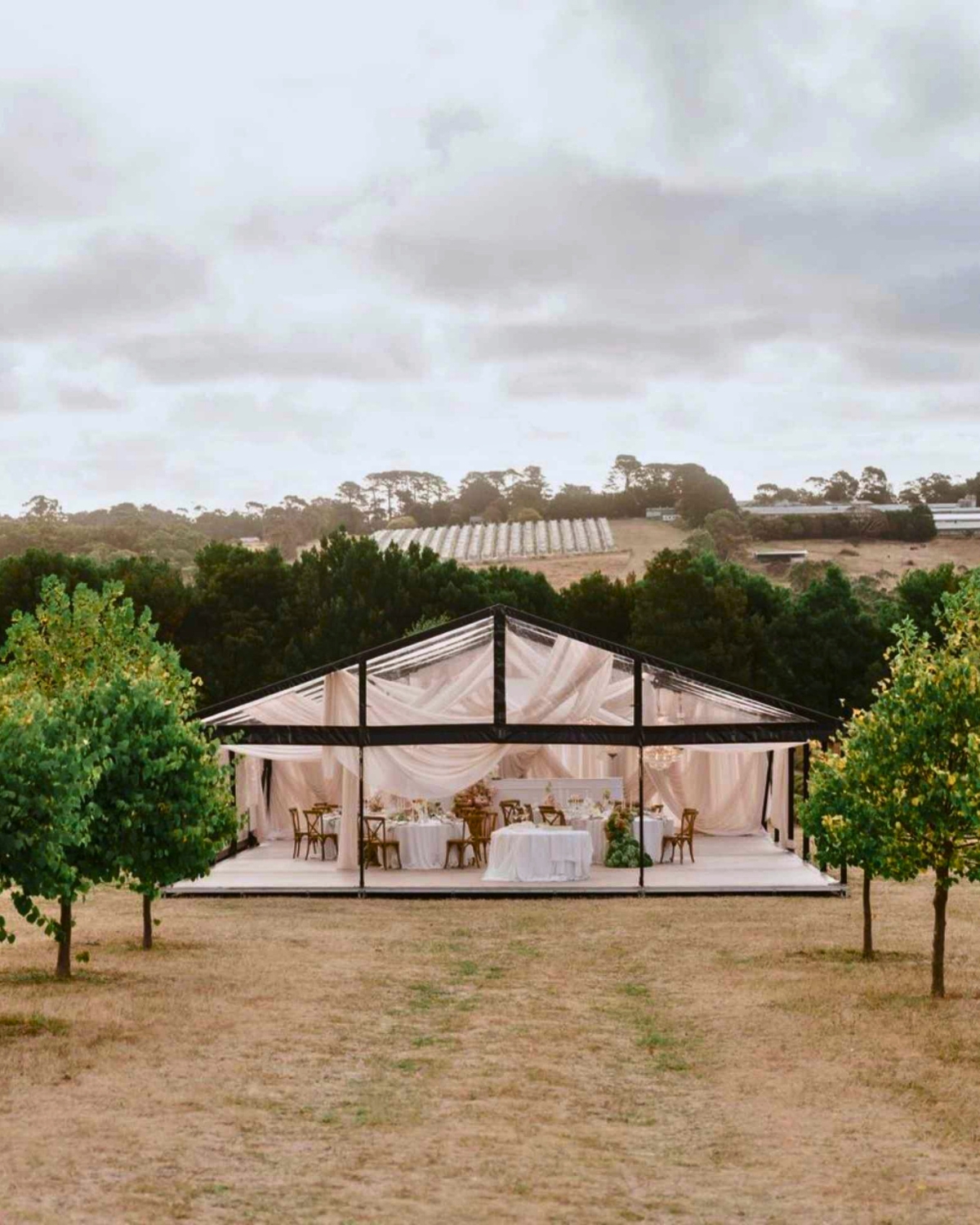 Clear-roofed marquee draped in soft fabric, set in an open paddock with vineyard and treeline beyond