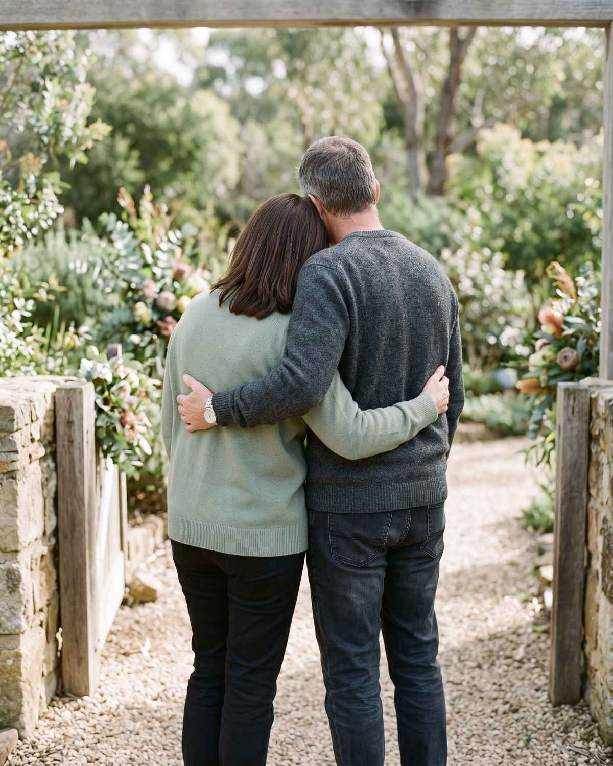 Two people stand arm in arm looking out over a native garden, one head resting on the other's shoulder.