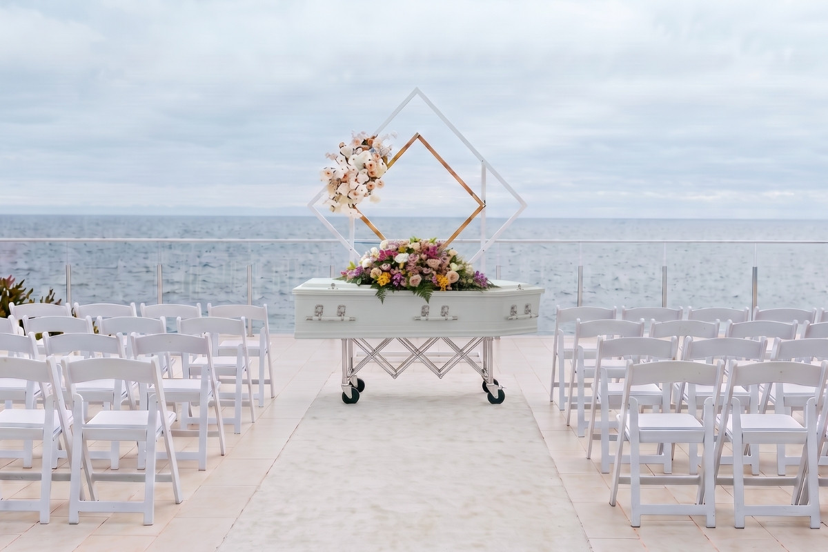 A seaside farewell — a white coffin with pastel flowers before rows of white chairs on a terrace overlooking the bay