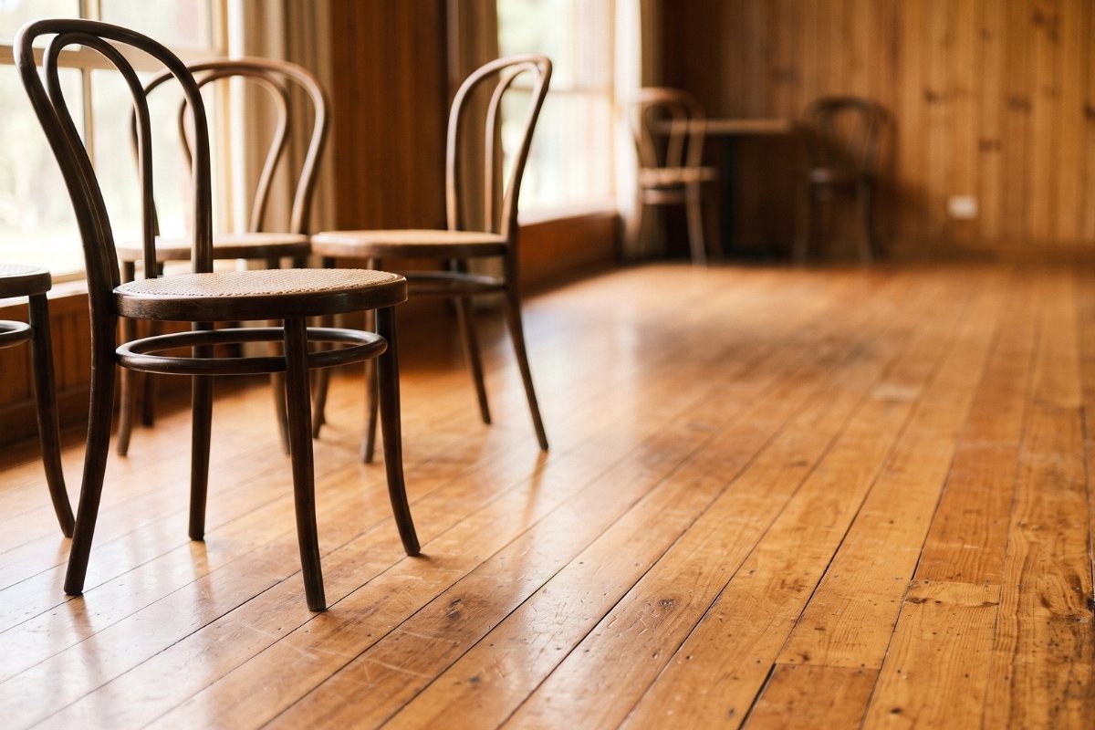 Bentwood chairs on honey-toned floorboards in a warm timber clubroom, lit by afternoon windows
