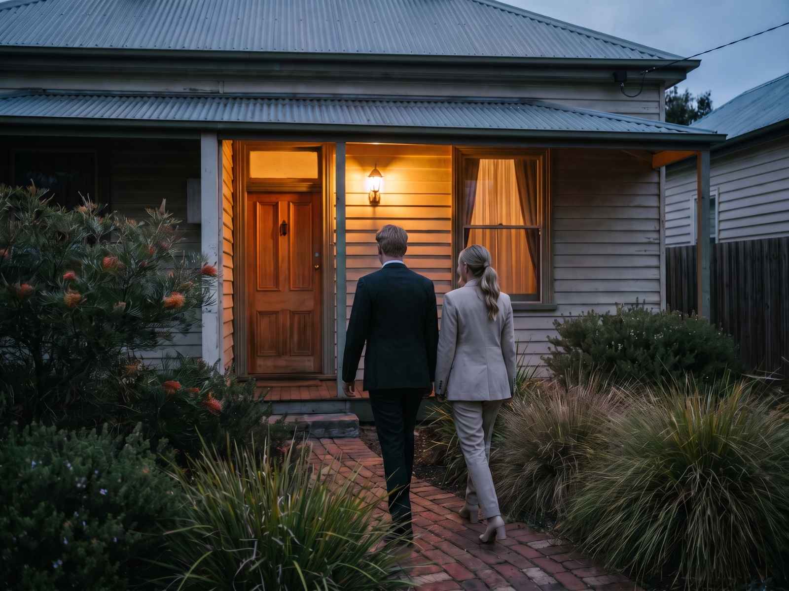 A Candour funeral arranger walking with a family member to the door of a Melbourne home