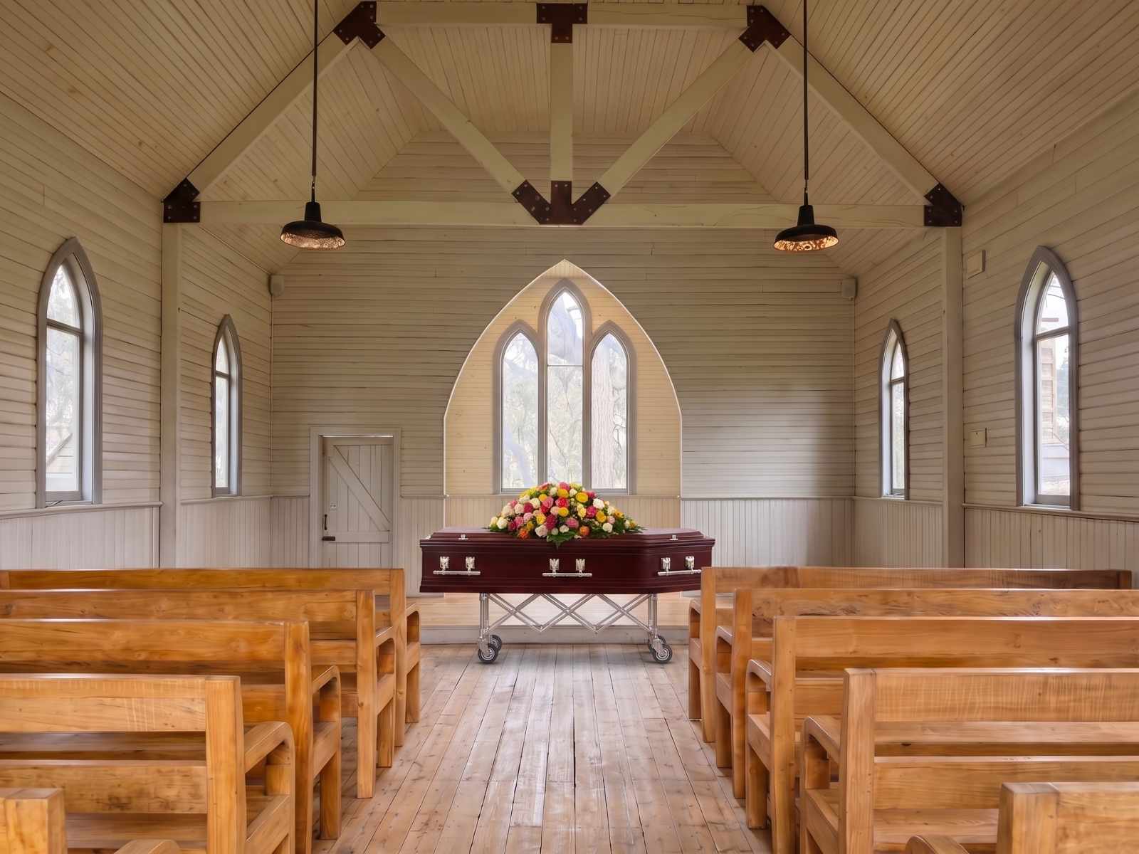 A polished rosewood casket with a rose spray set before the arched windows of Tanglewood Estate's chapel.