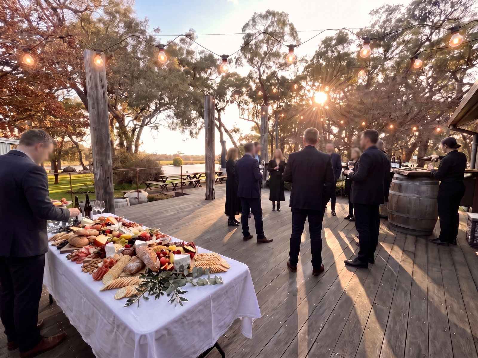 Guests gathering over a grazing table at golden hour on the Tanglewood Estate deck overlooking the water.