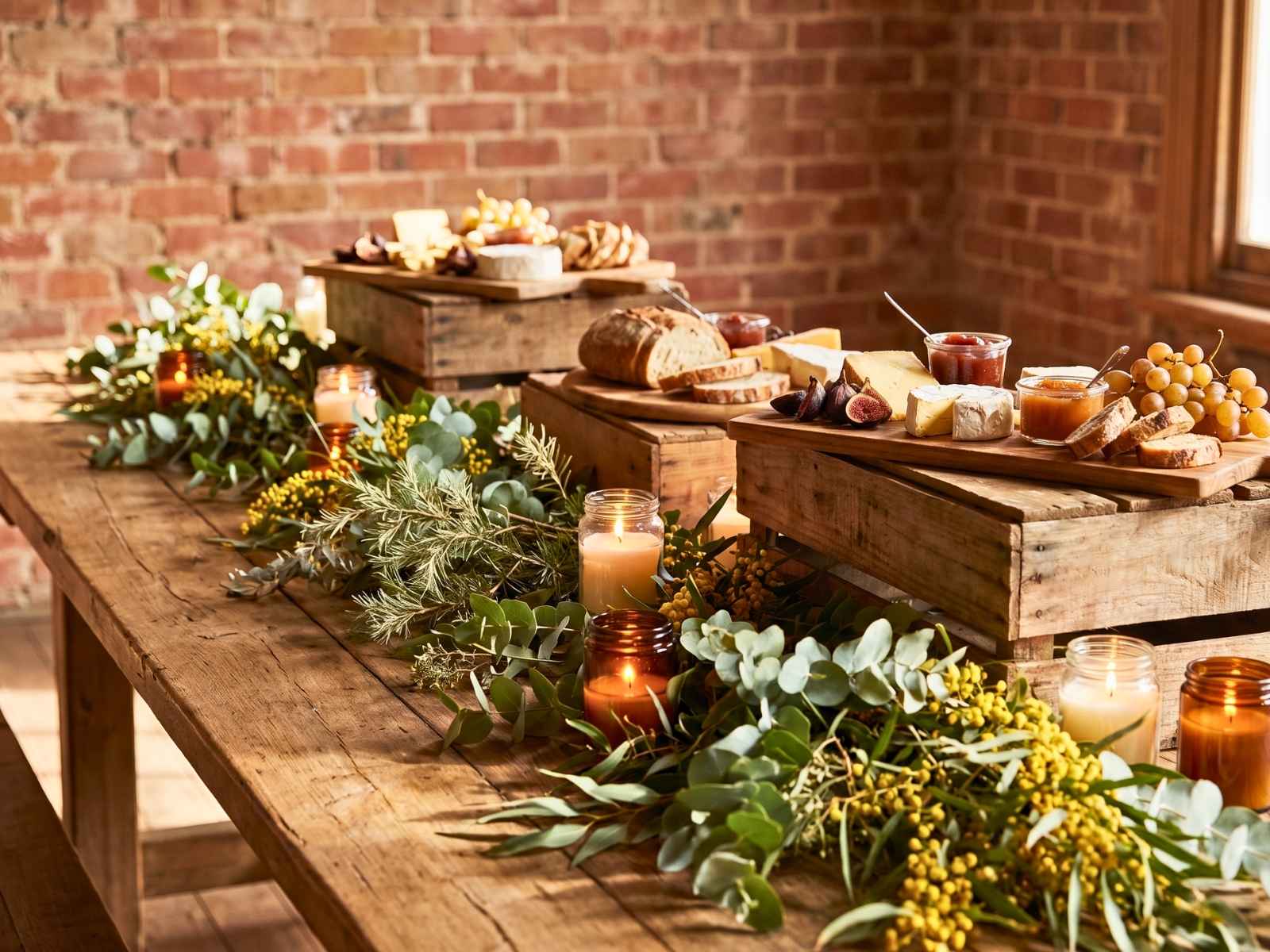 A rustic table styled with eucalyptus, wattle and candles, cheese and bread on wooden crates