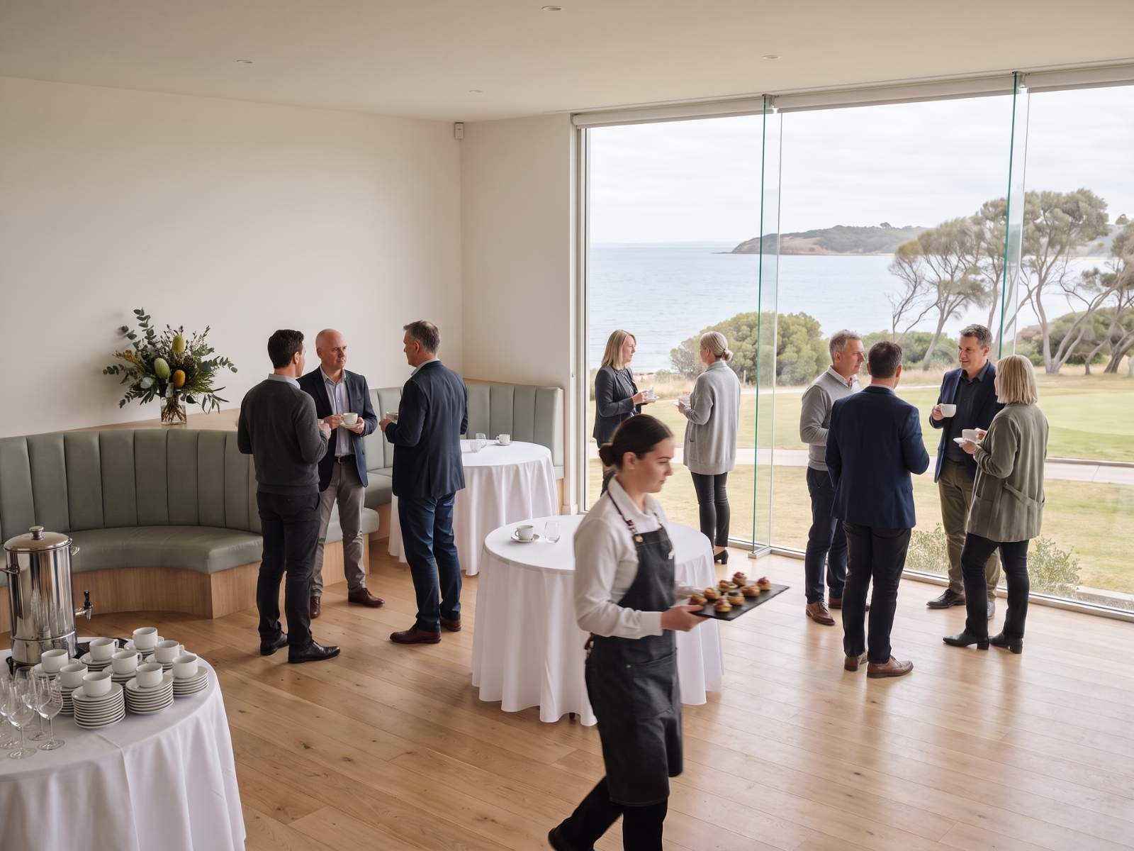 Guests with tea and coffee in a function room overlooking Port Phillip Bay, a waiter passing canapes