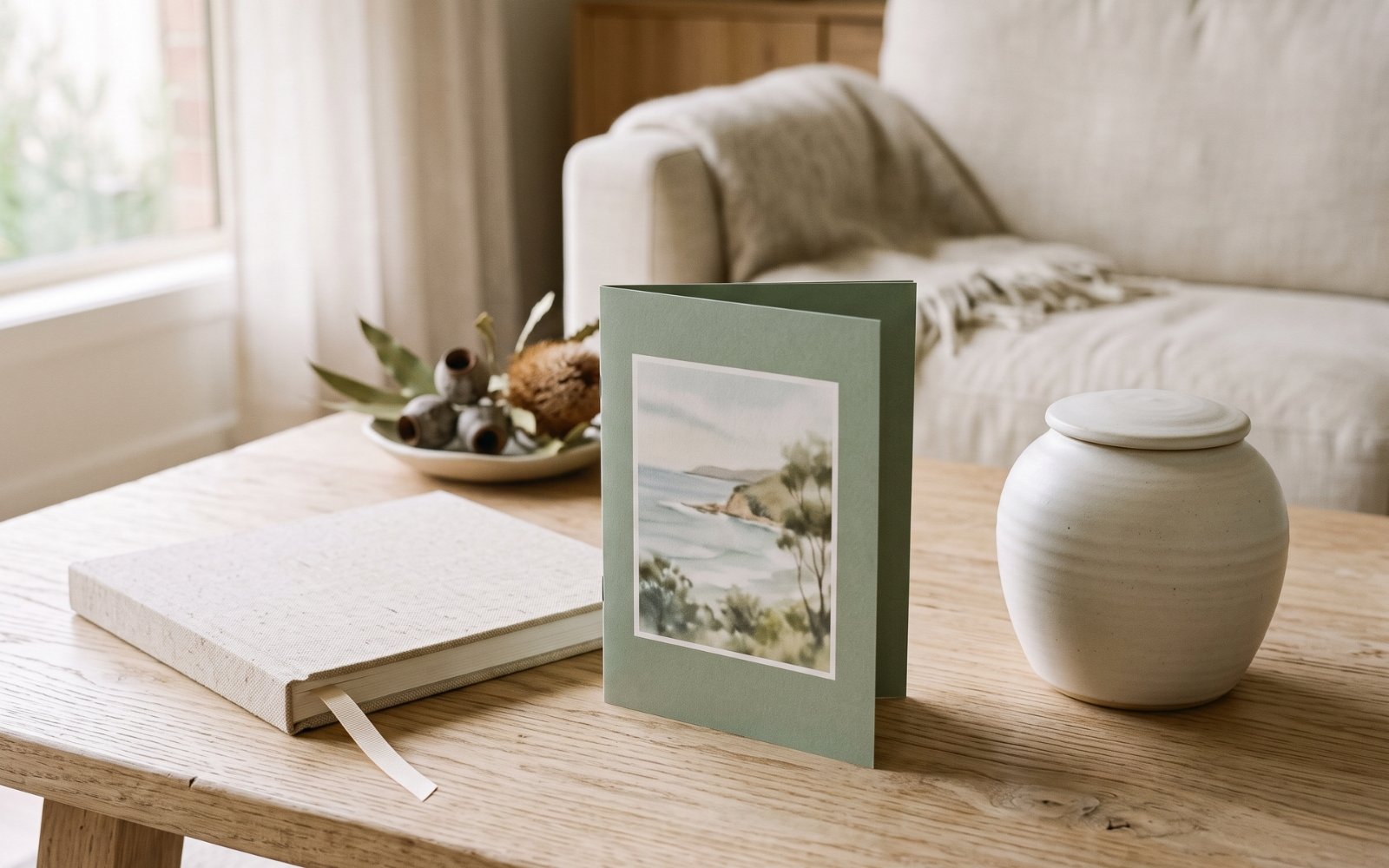 A linen memorial book, order of service and ceramic urn on a table at home