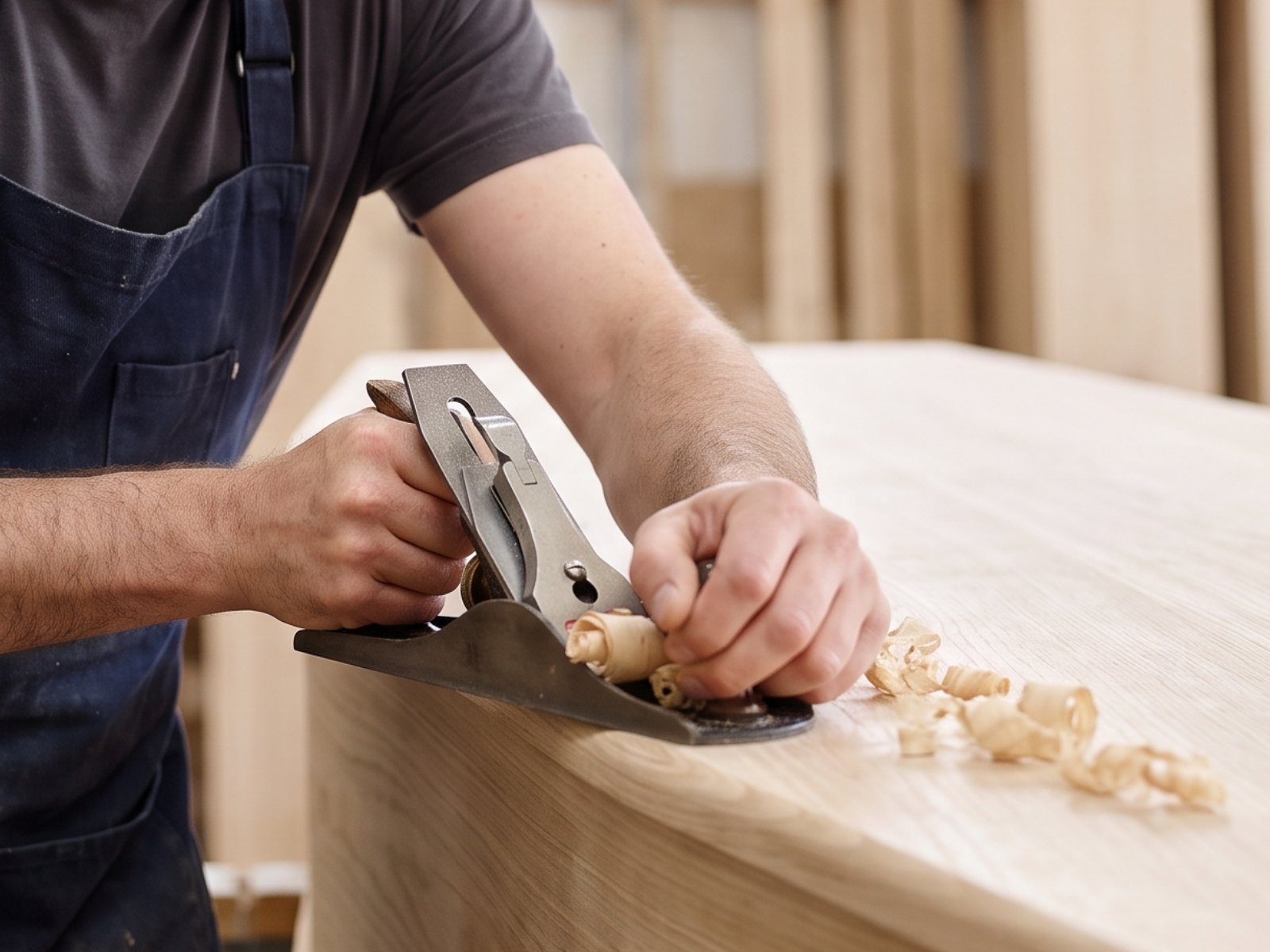 A coffin maker’s hands planing timber in the workshop