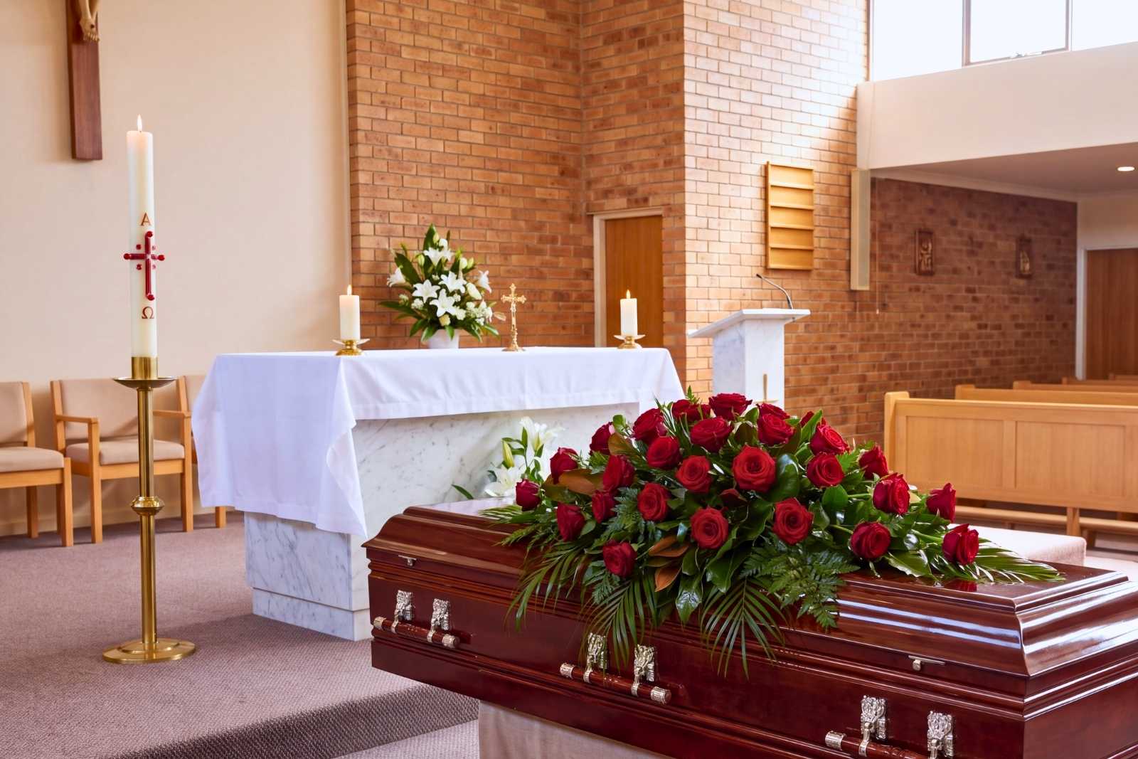 A casket with a spray of red roses in a church before the service begins