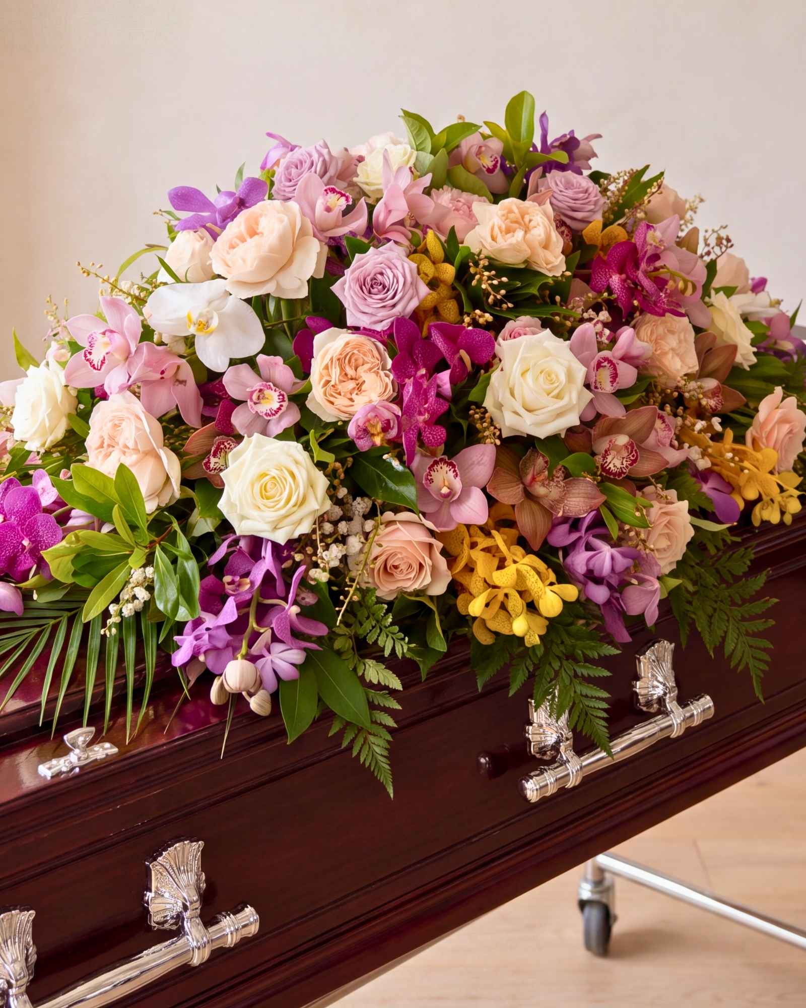 A pastel spray of orchids and roses on a polished casket