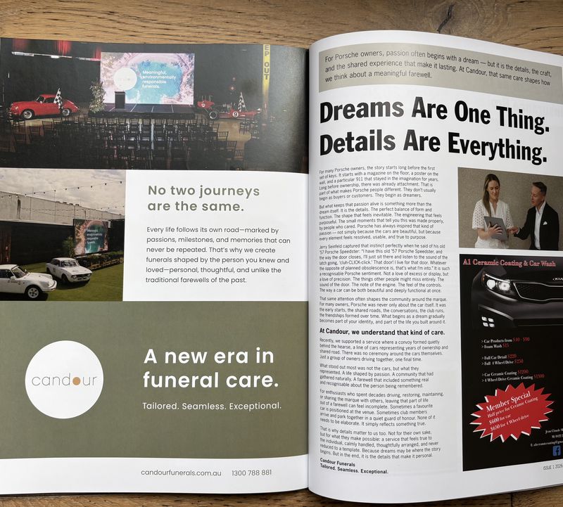 Candour editorial spread in Porsche Parade magazine
