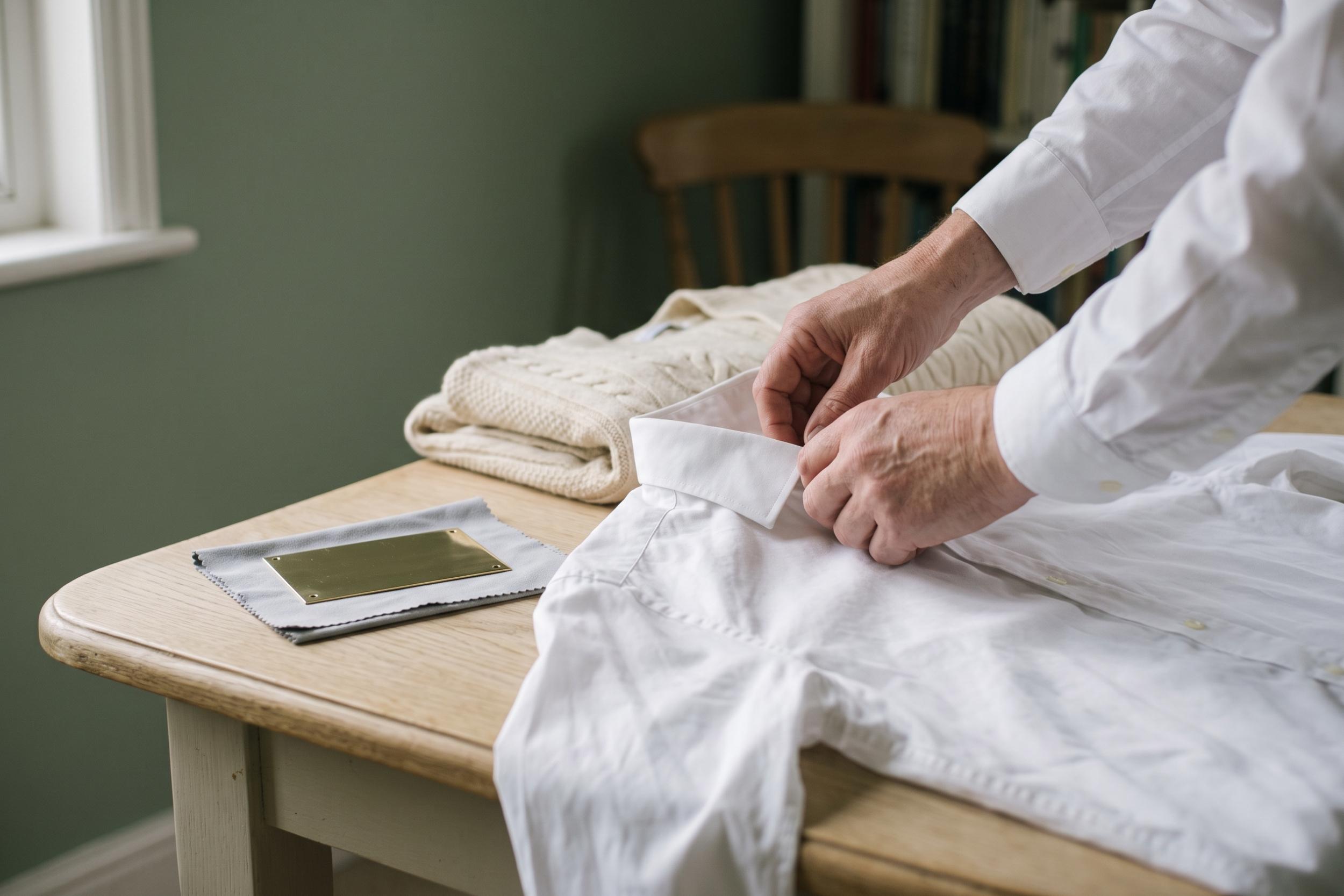 Hands gently smoothing a freshly pressed shirt beside folded clothing and a blank brass nameplate