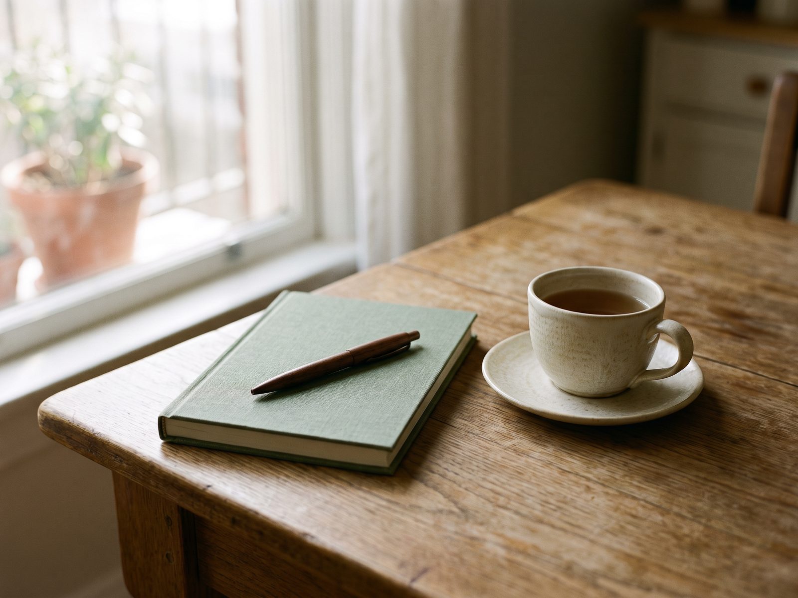 A notebook and tea on a timber table during a planning conversation