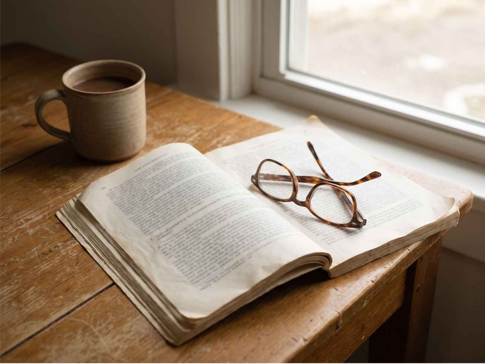 A pre-paid funeral plan and reading glasses on a table by a window
