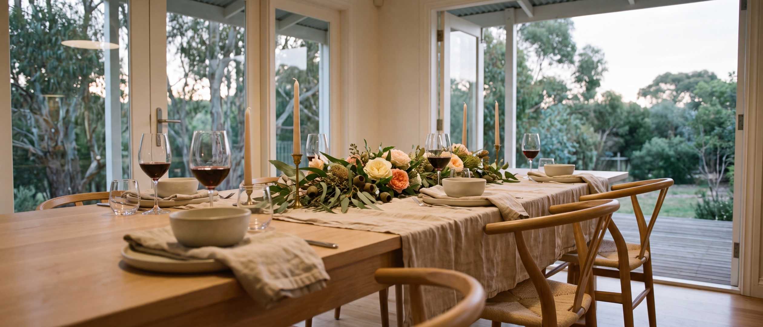 A long pale-timber table set for a family dinner at dusk, with native florals, taper candles and eucalypts beyond the doors