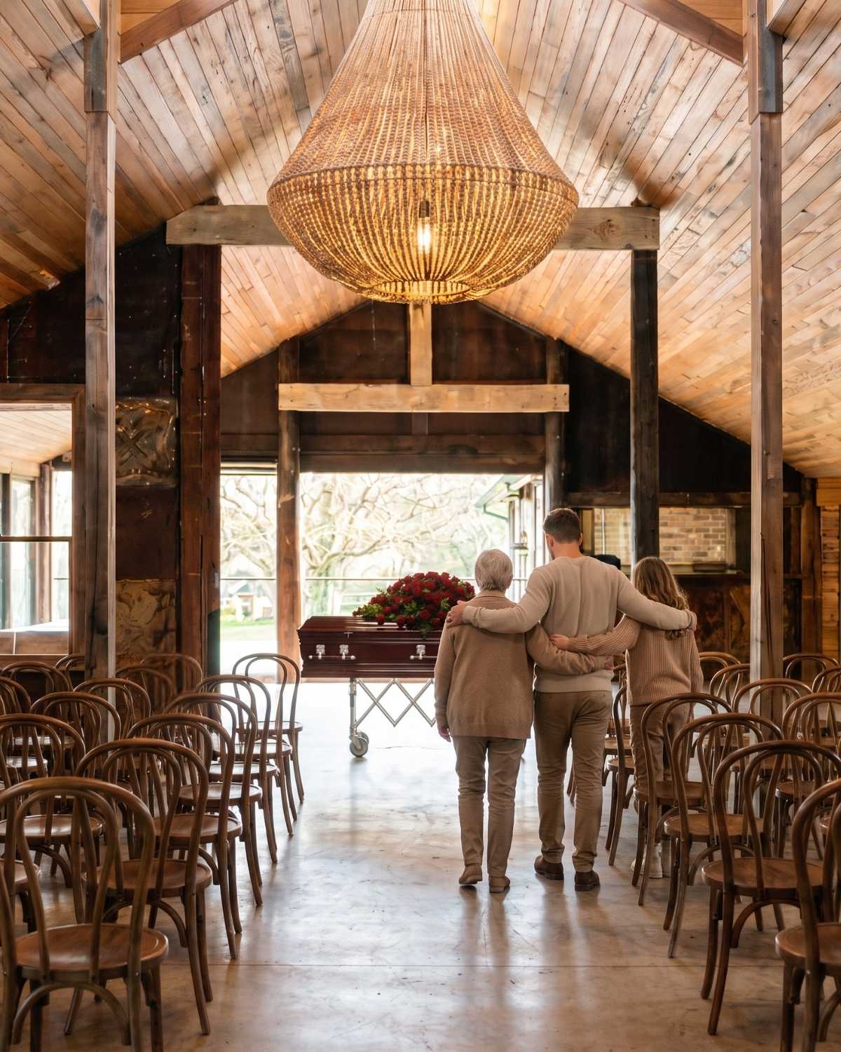 A family arrives together down the aisle of the light-filled barn on the morning of the service