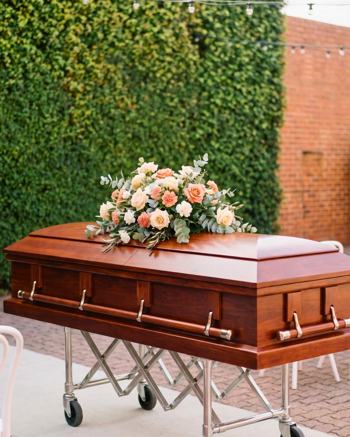 The Liberty Batesville casket in polished cherry with a cream and coral arrangement, before a deep green ivy wall