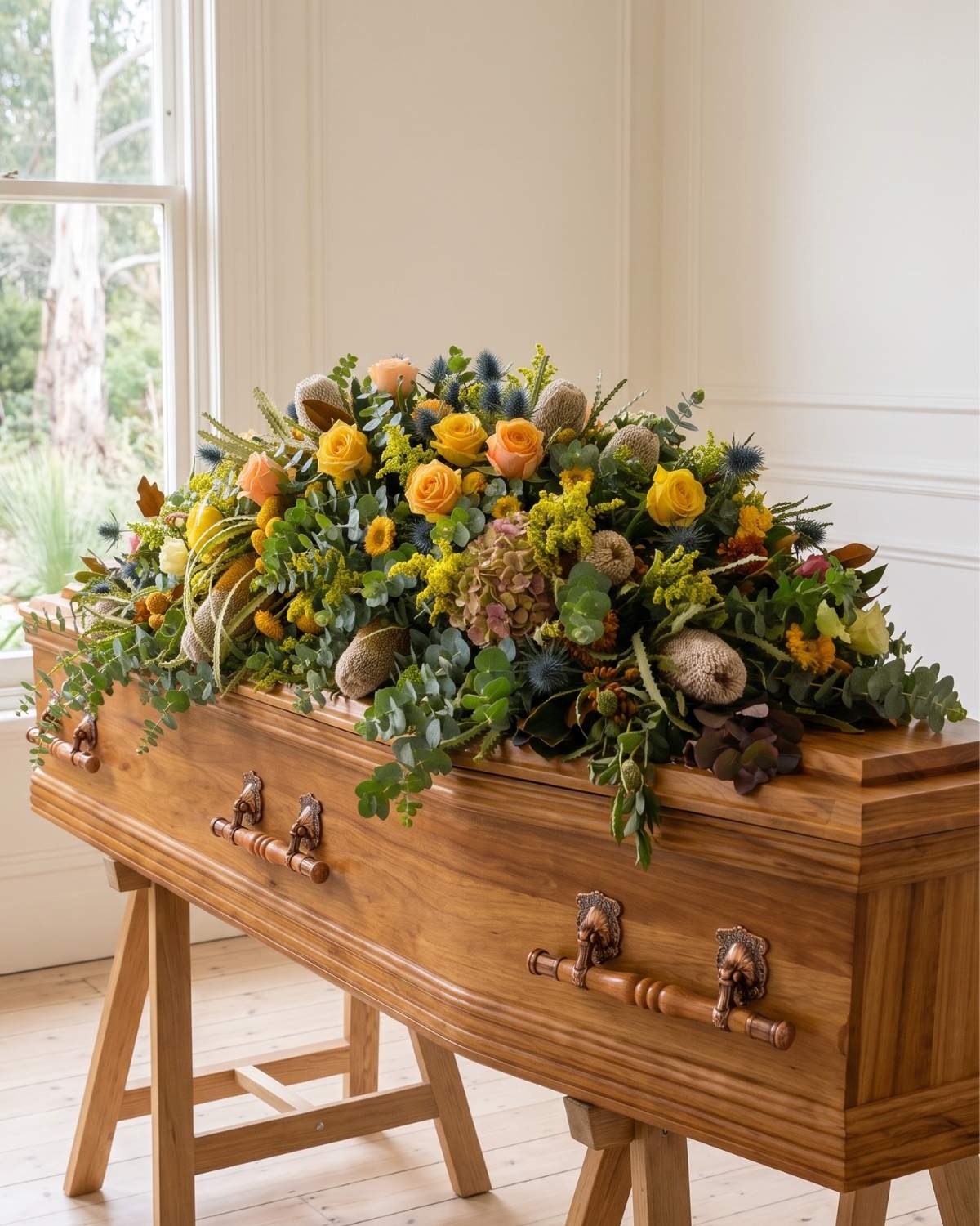 A native floral tribute of banksias, roses and eucalyptus on a timber coffin in a light-filled room