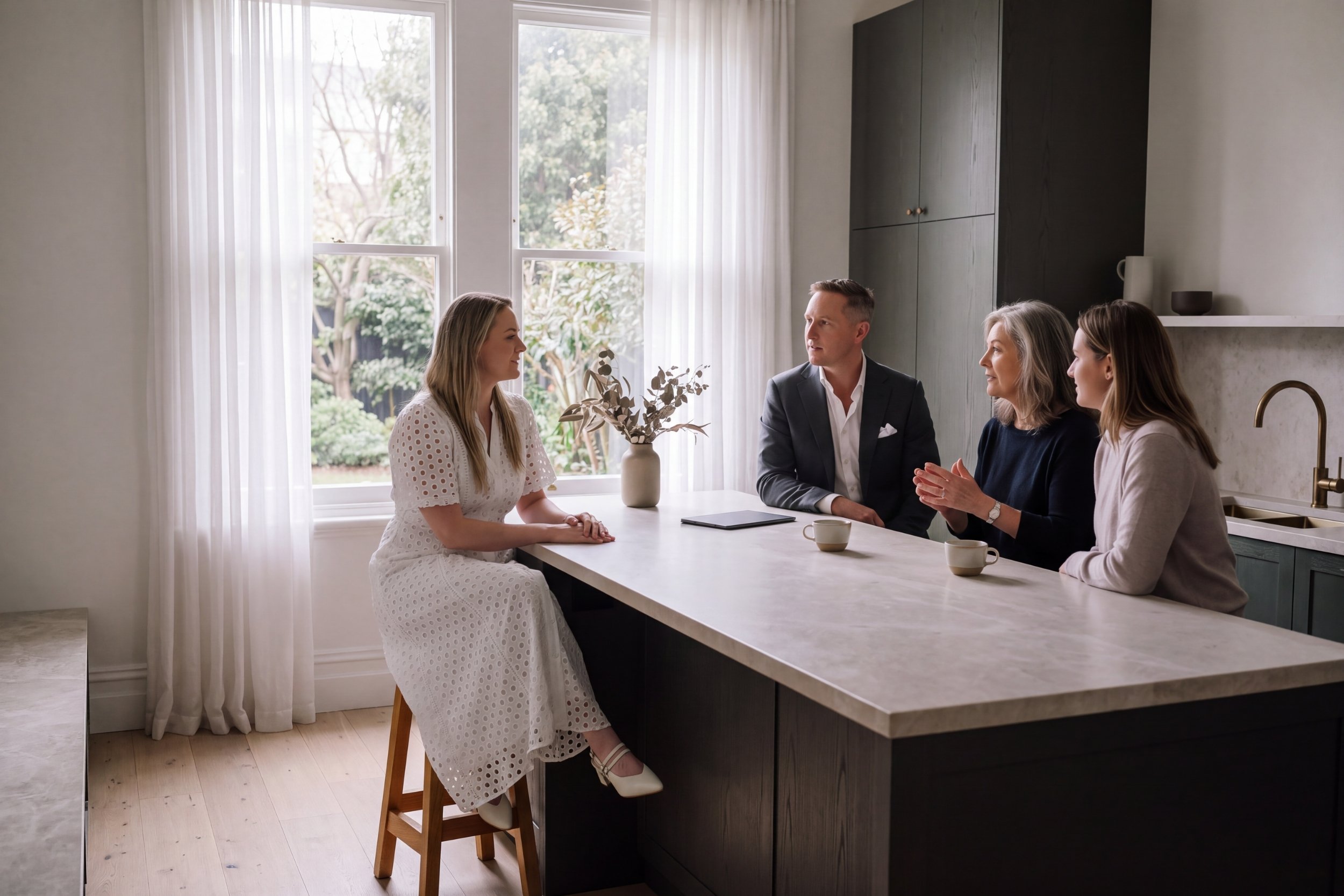 Two Candour funeral arrangers talking with a family at a kitchen bench over cups of tea