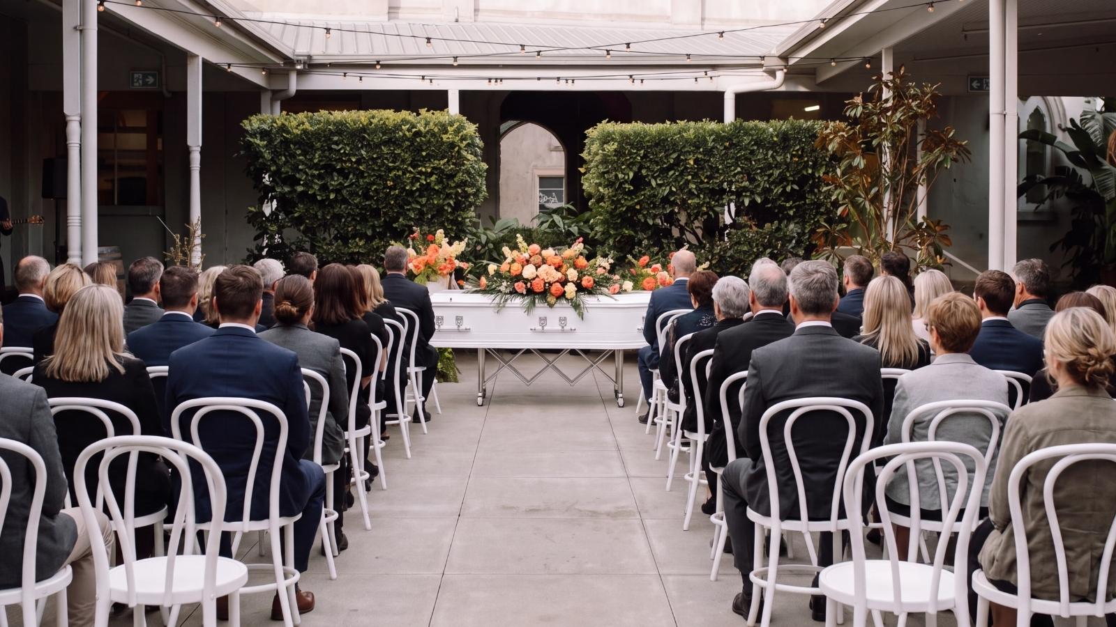 Mourners seated in a garden courtyard for a funeral service, with a white coffin and floral spray at the front