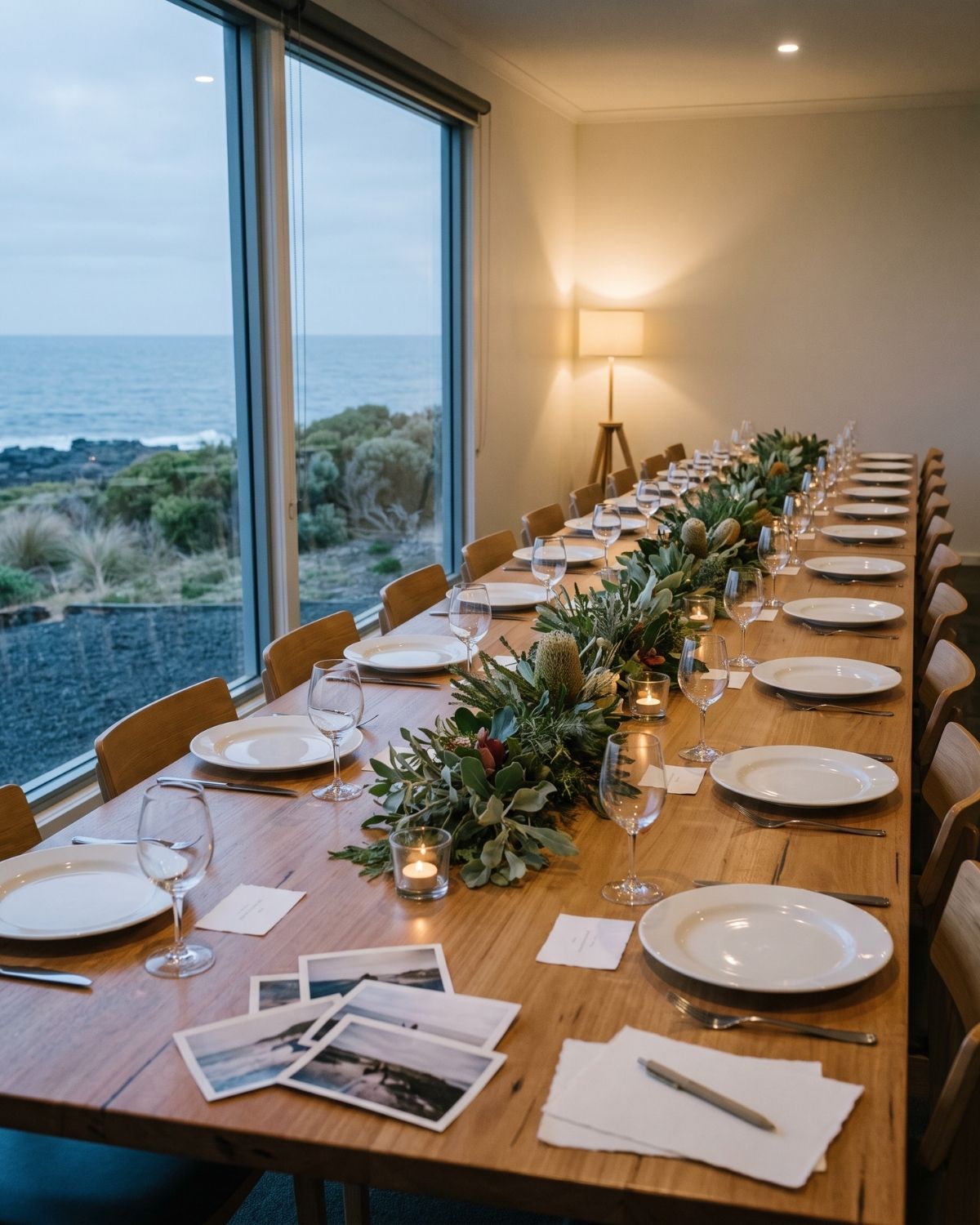 A long table set for dinner beside a window looking out to the ocean at dusk