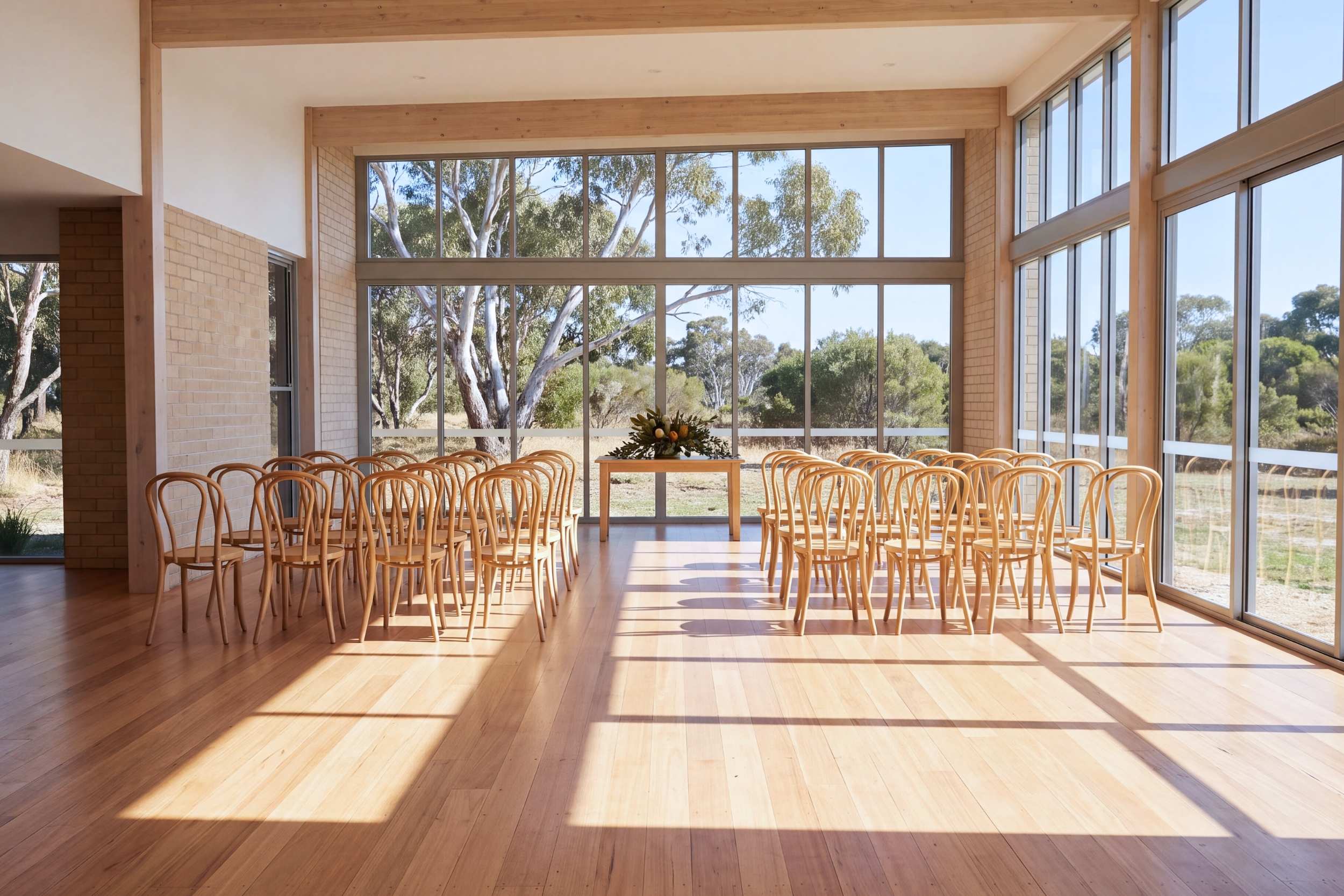 Rows of bentwood chairs set for a farewell in a light-filled hall, with gum trees through the windows