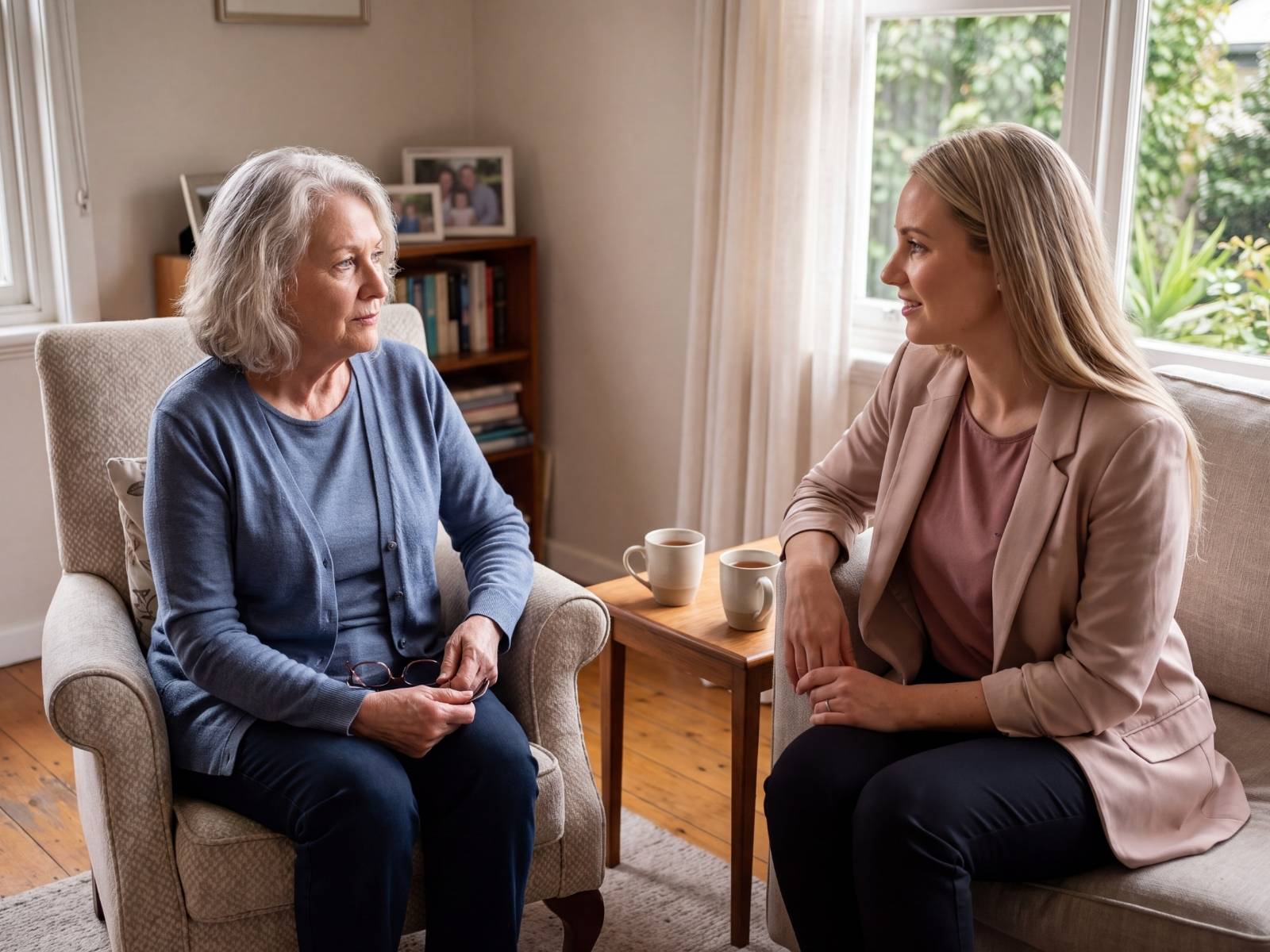 A Candour funeral arranger sitting with a woman in her living room at home