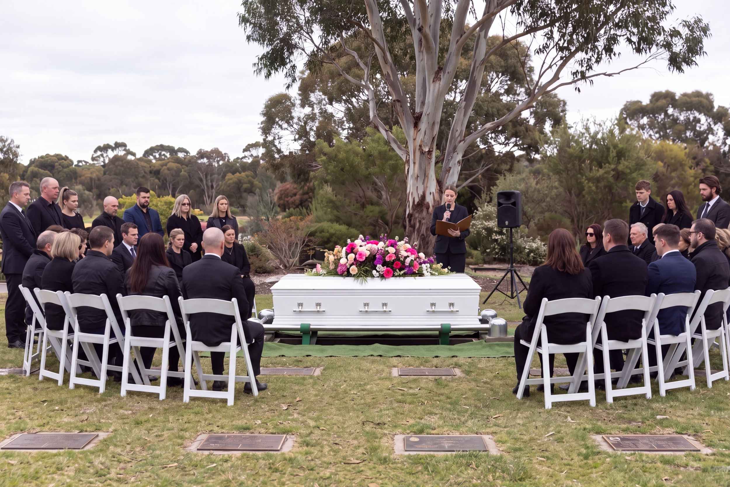 A graveside farewell on a Melbourne lawn cemetery, mourners seated around a white casket beneath a eucalypt