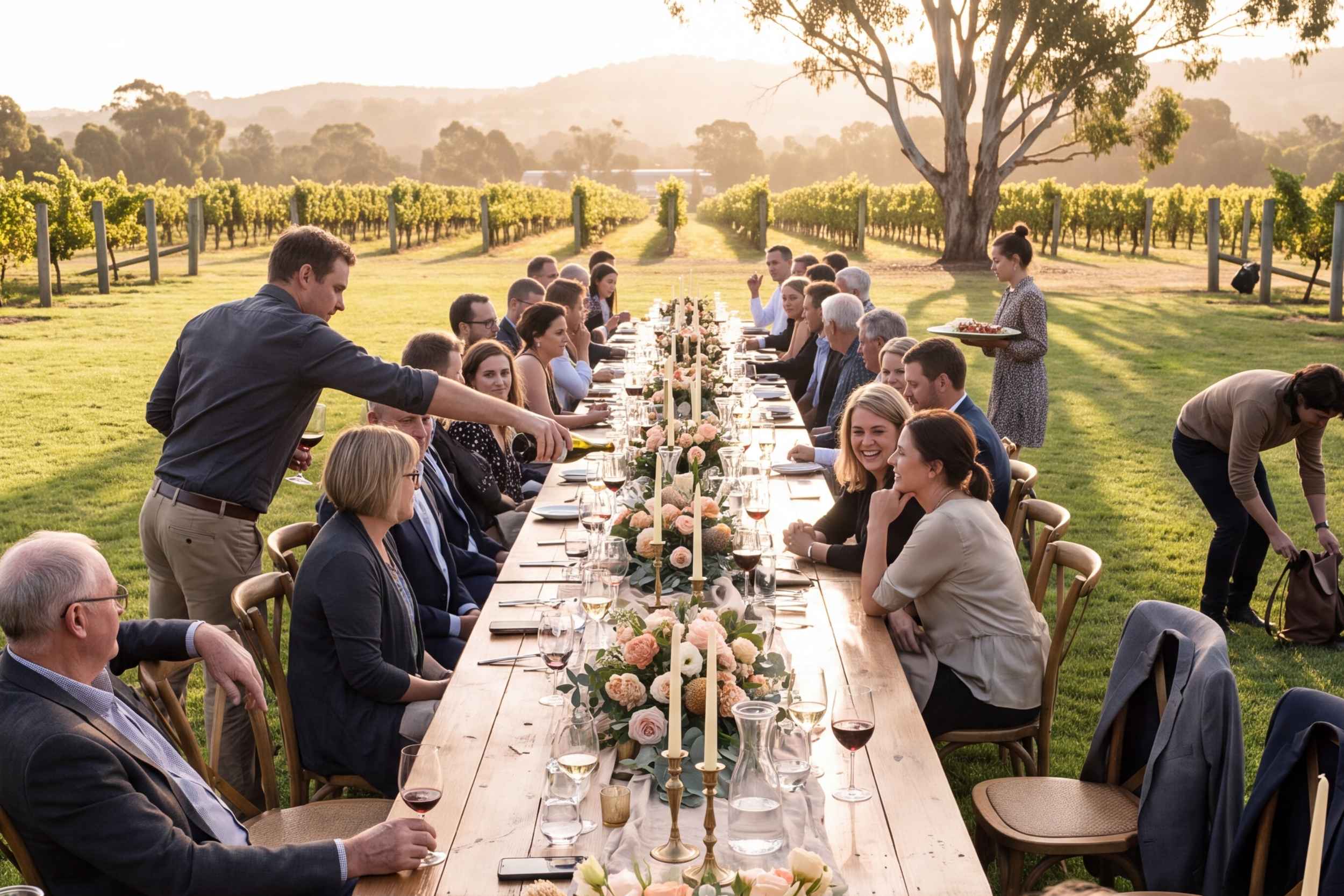A long lunch after a service, one table between the vines at a Peninsula winery in late afternoon light