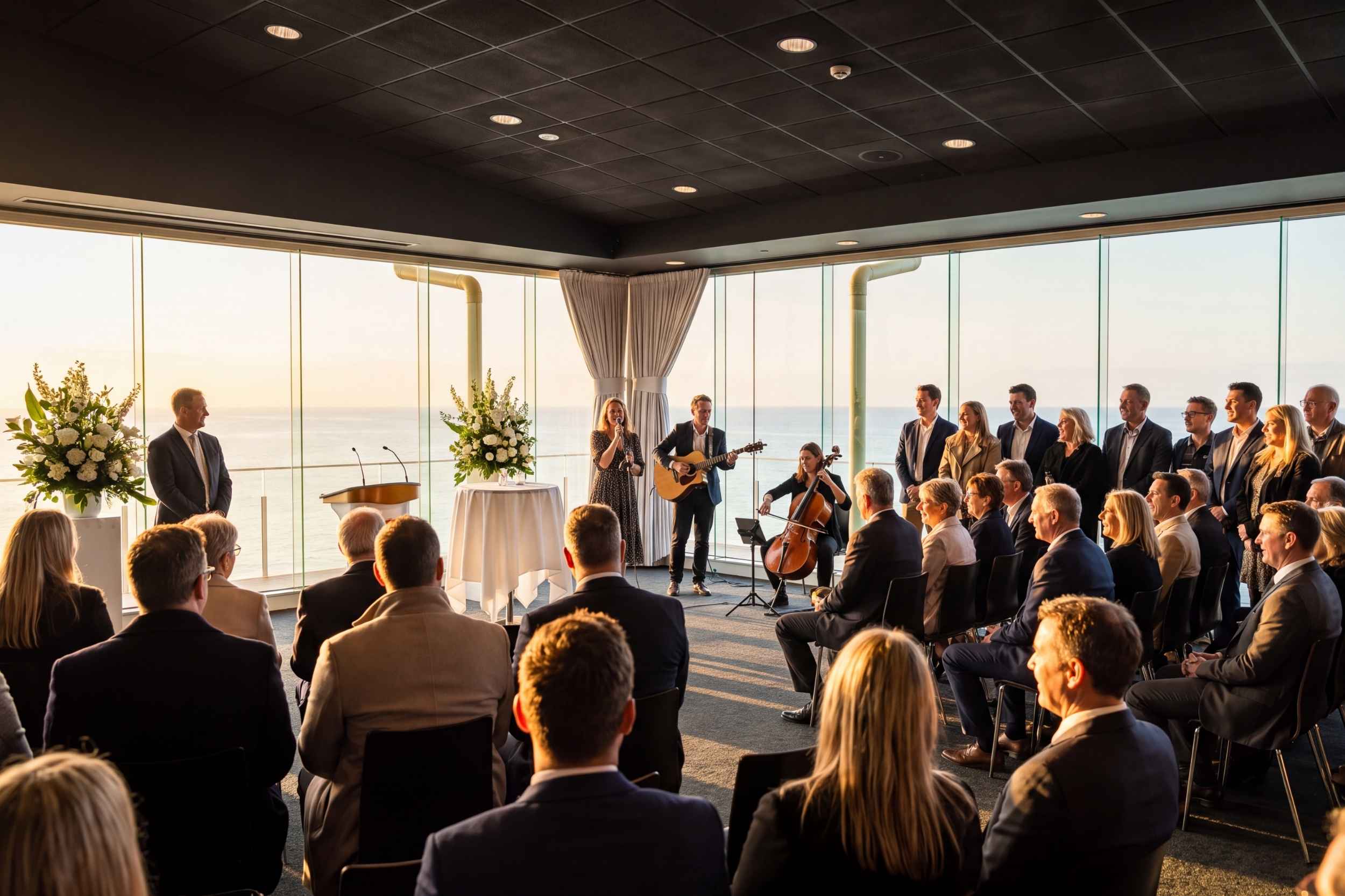 Guests filling a beachfront function room at golden hour while a singer, guitarist and cellist perform in front of the sea