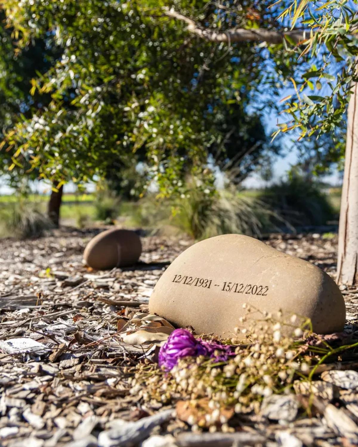 A small stone grave marker and dried flowers on mulch beneath a eucalypt at Murrun Naroon, Bunurong Memorial Park