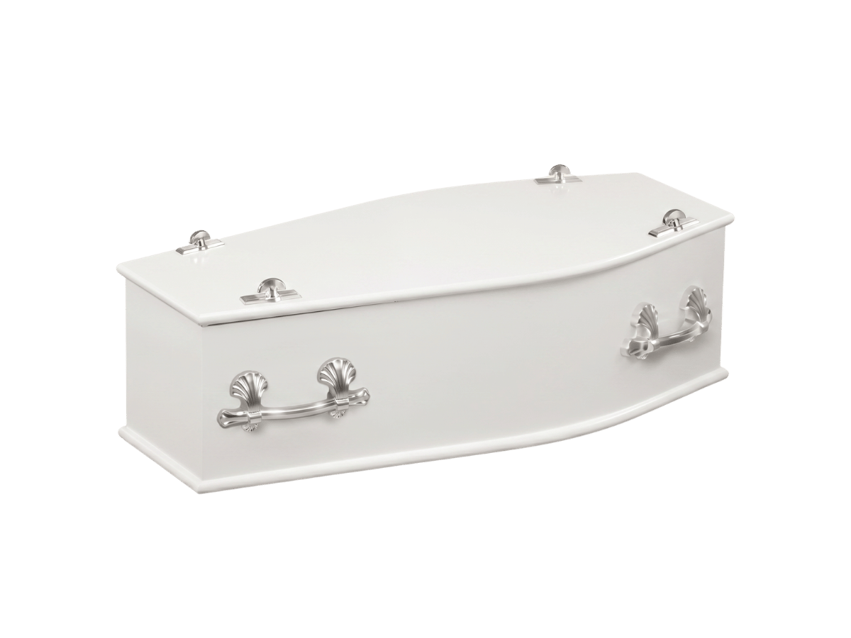 White painted timber infant coffin with silver handles