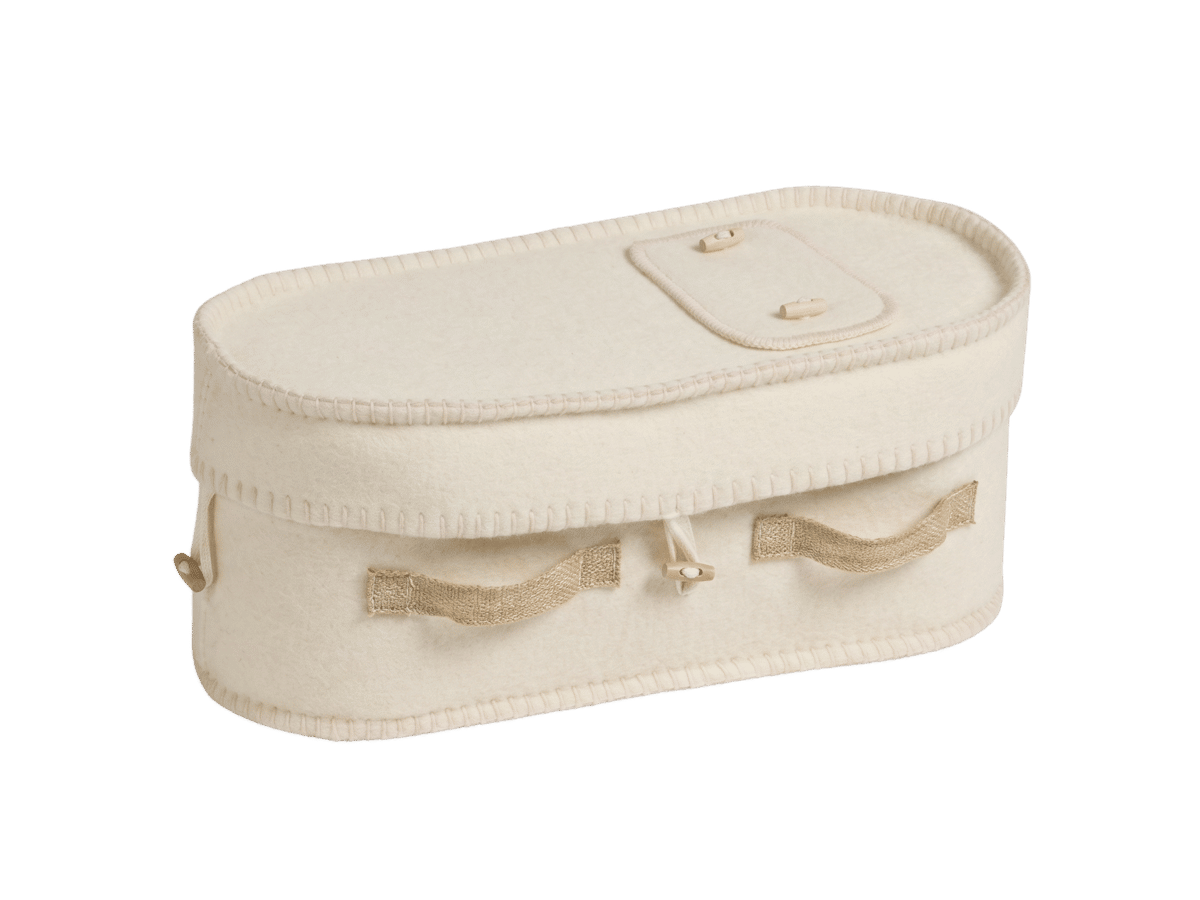 Natural Legacy felted wool casket with a name plate on the lid