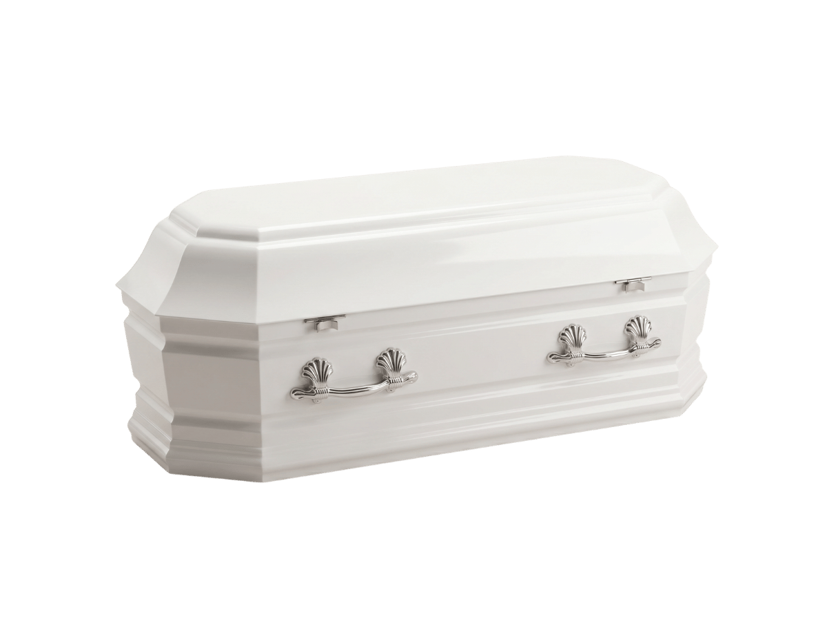 White infant casket with silver handles