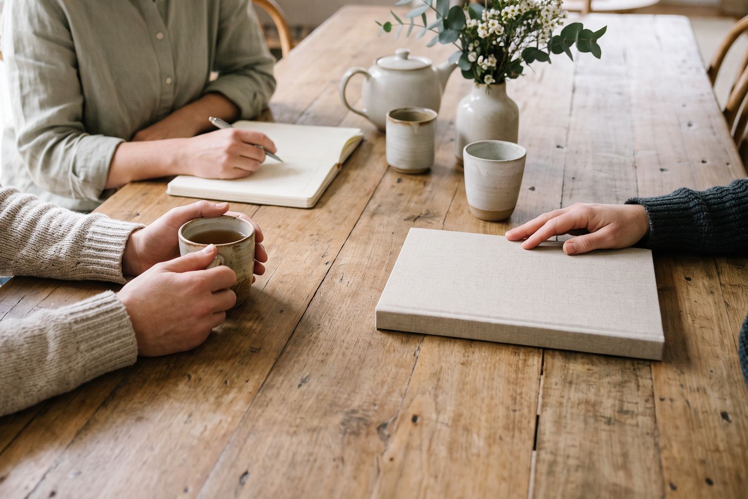 Family members at a dining table, talking through next steps over a cup of tea