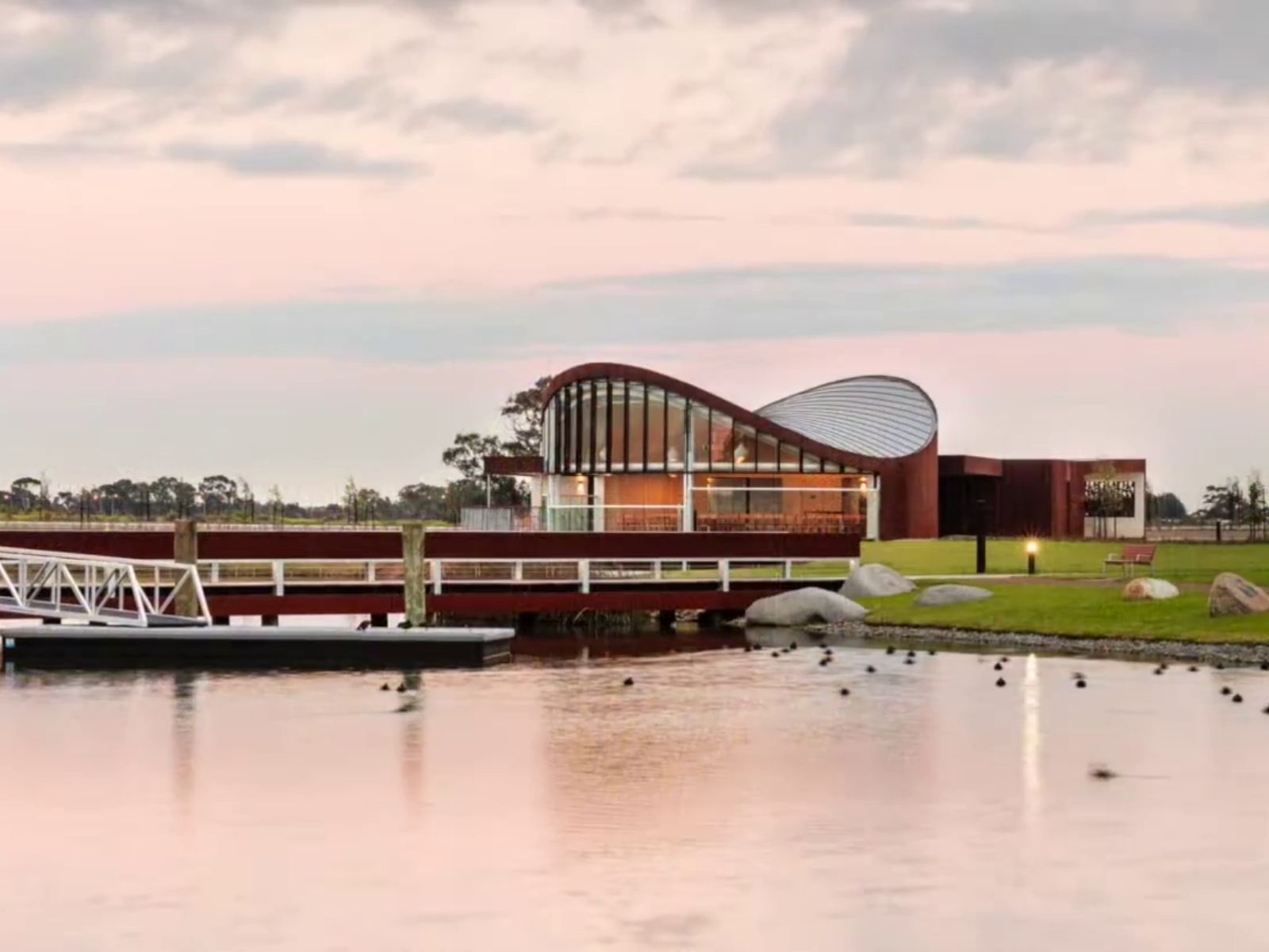 View of the side of sanctuary chapel that also includes the footbridge