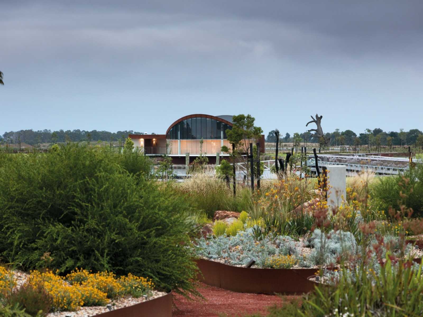 Sanctuary chapel in background of beautiful memorial garden