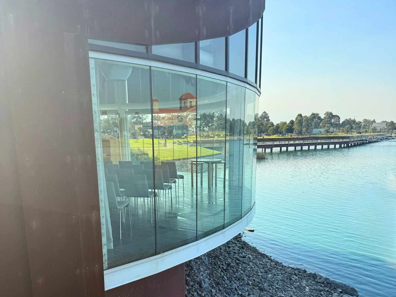 View of side of sanctuary chapel looking out to the lake