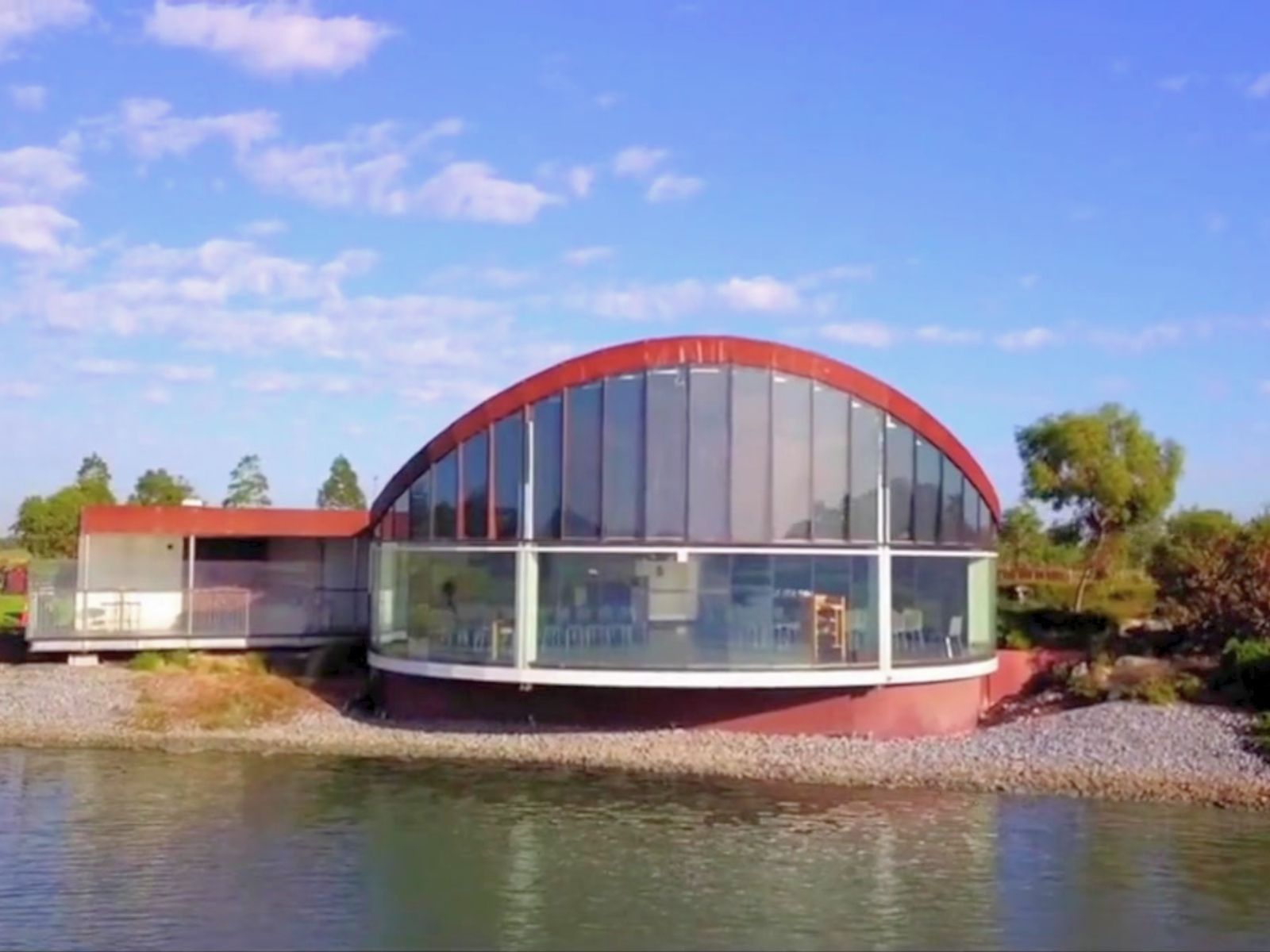 Front view of the Sanctuary Chapel from the lake