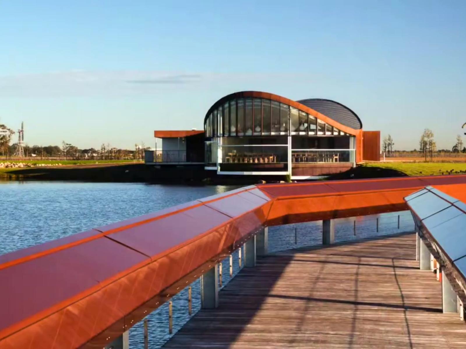 View of front of sanctuary chapel from bridge that connects the Sanctuary chapel to the rest of Bunurong Memorial Park