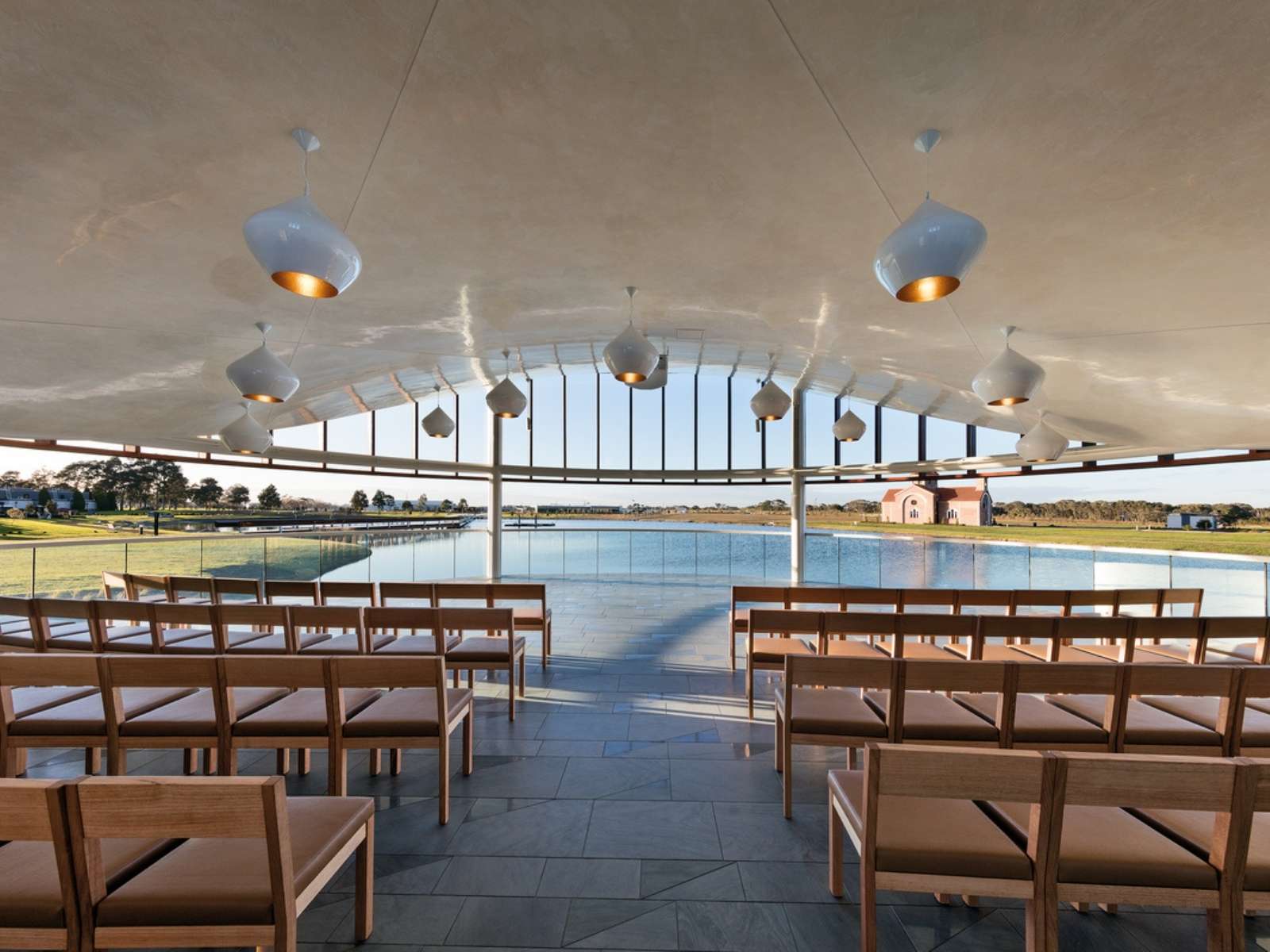 view from inside the sanctuary chapel. Empty seats