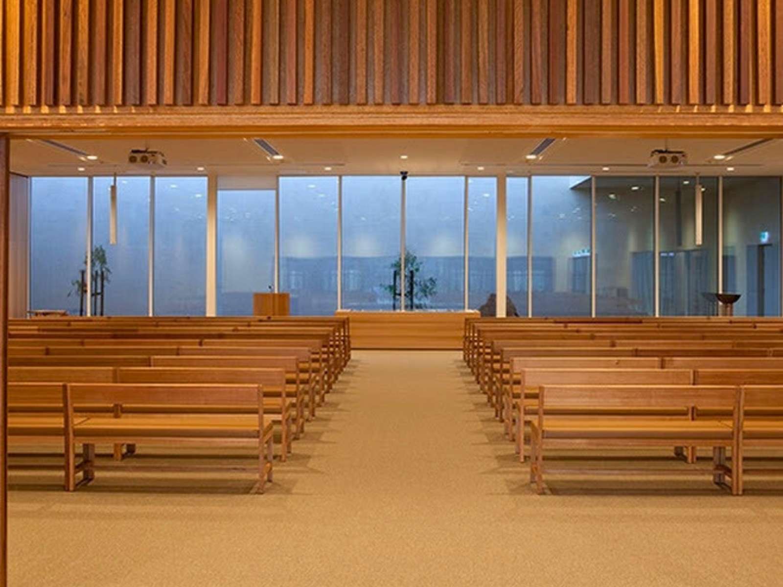 Inside Stratus Chapel at Bunurong Memorial Park - empty seats
