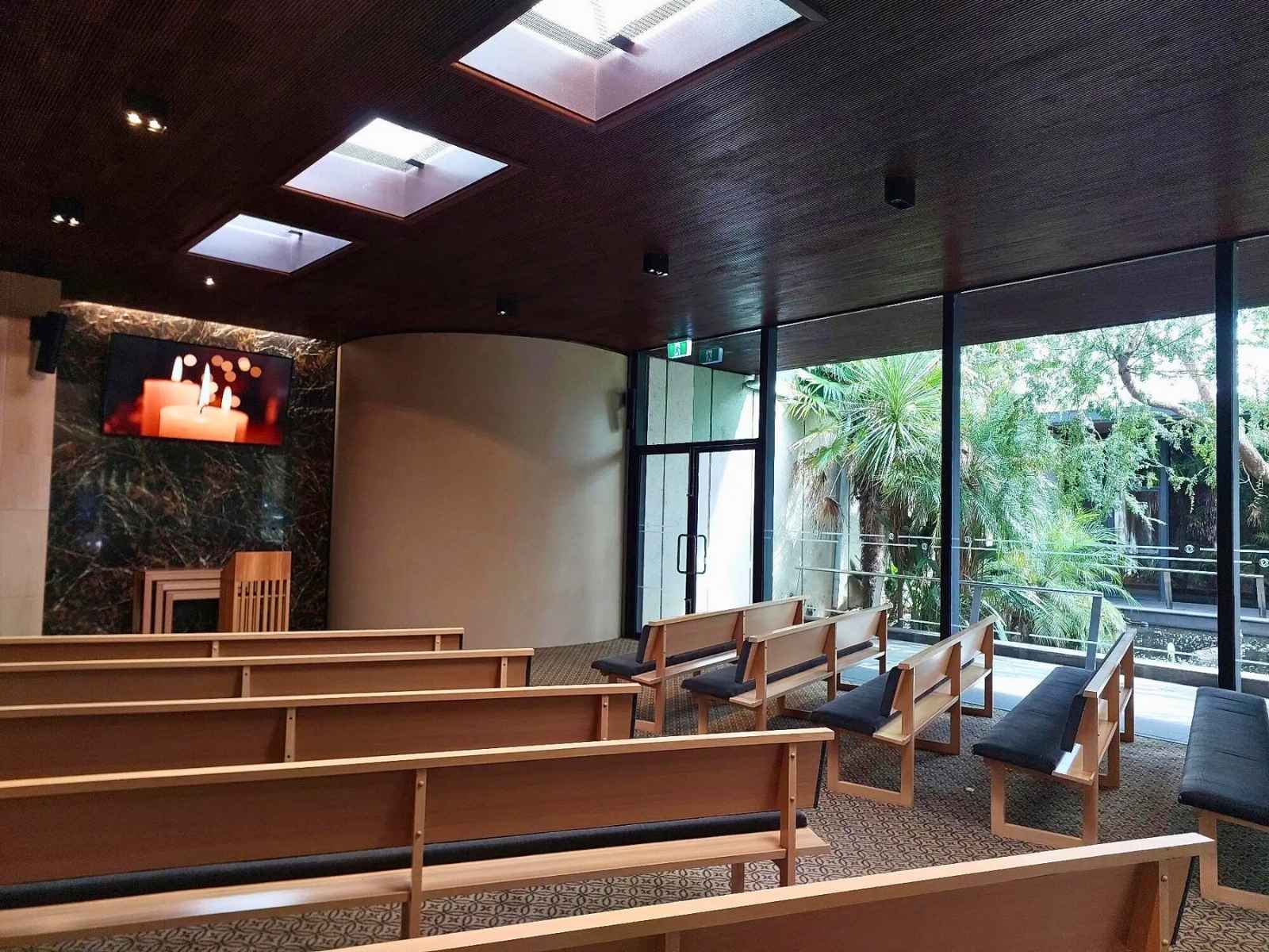 Inside Wilson Chapel Springvale Botanical Cemetery garden courtyard view