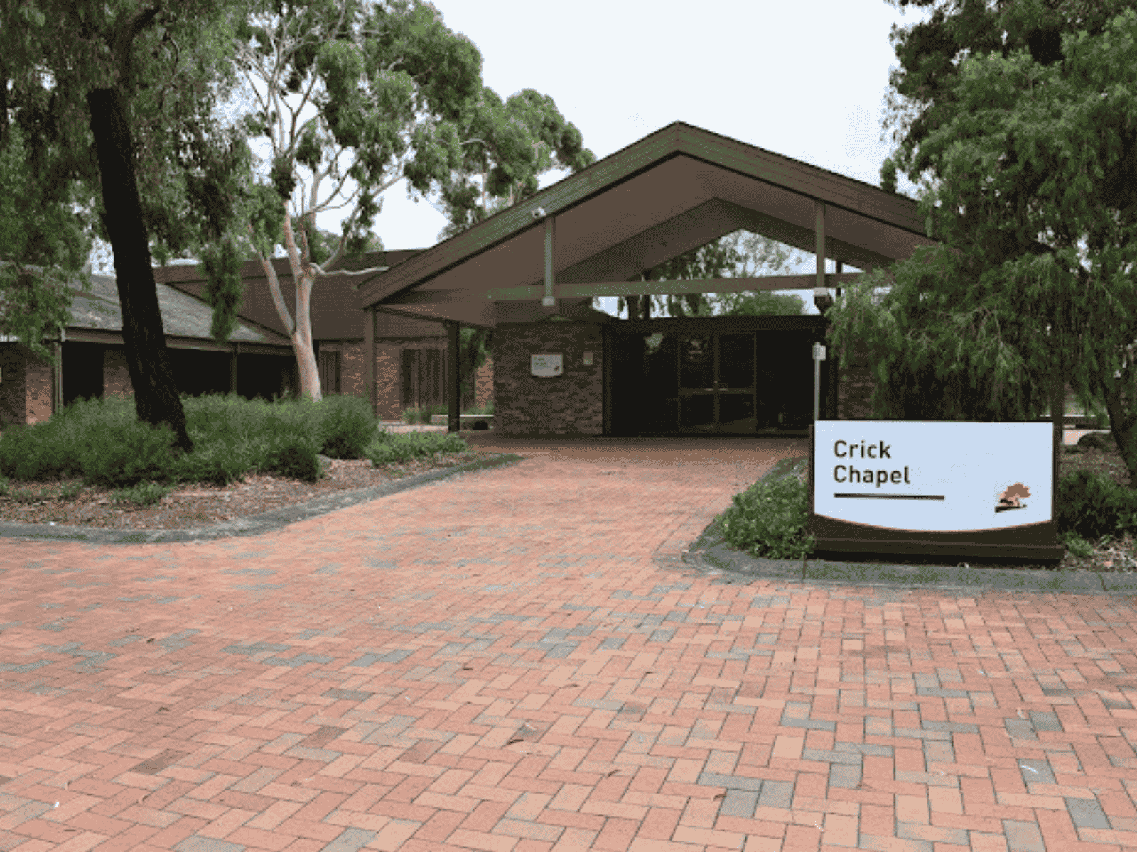Outside of The Crick Chapel showing The Crick Chapel sign at Fawkner Memorial Park