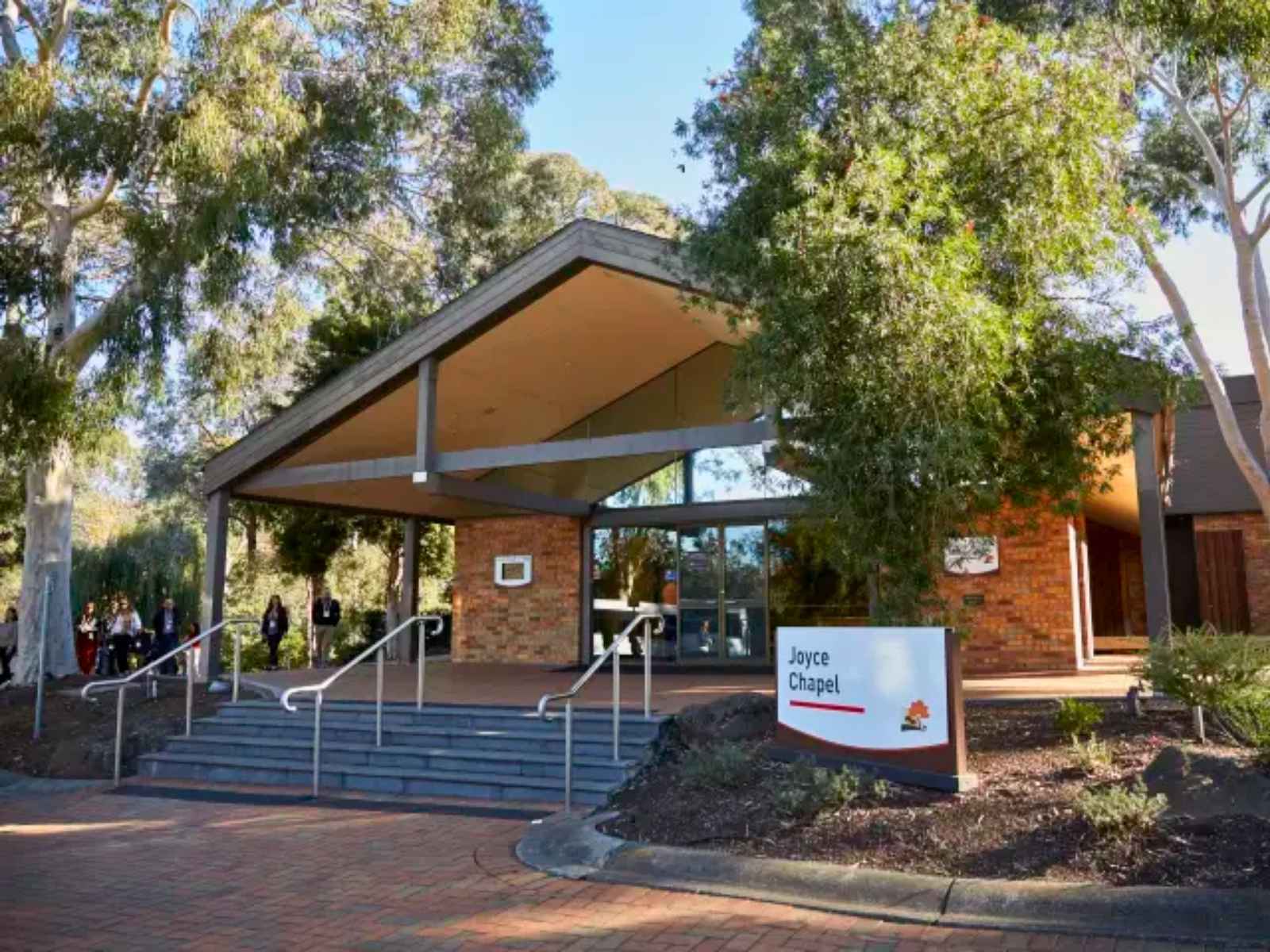 Outside of the Joyce Chapel at Fawkner Memorial Park. Shows Joyce Chapel sign