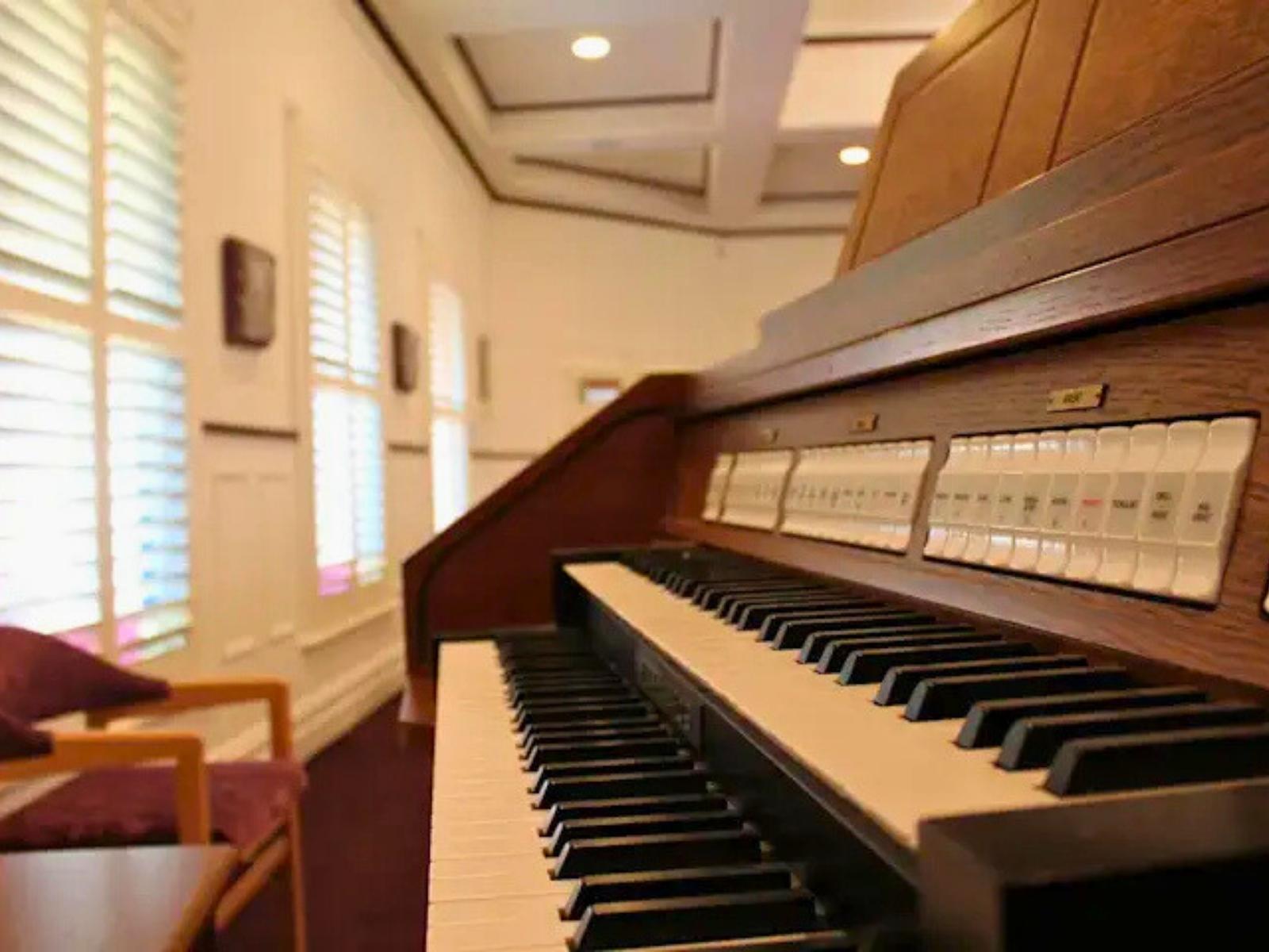 Inside Federation chapel at Lilydale Memorial Park - shows organ ready for a funeral service