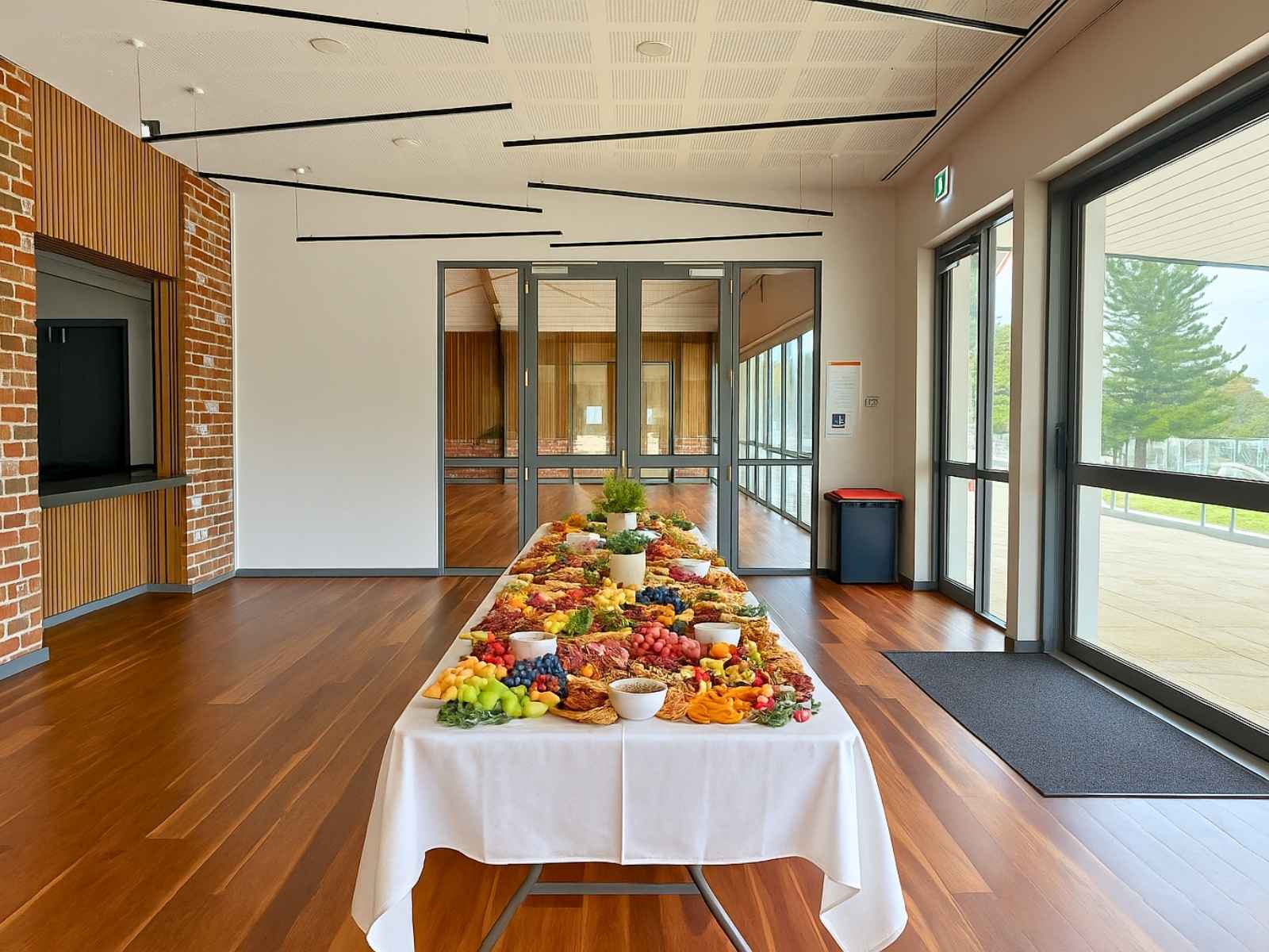 A stylish light-filled reception space with timber floors, exposed brick and wood accents, and a vibrant grazing table filled with fresh fruit, antipasto, and snacks.