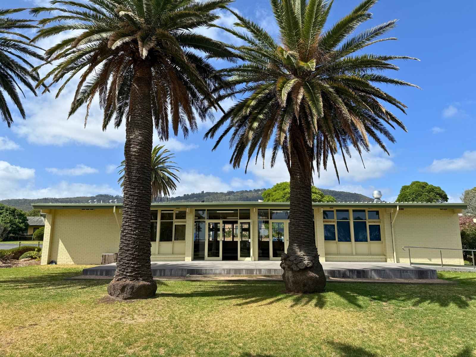 The front of the hall viewed between two large palm trees with a scenic hillside behind.