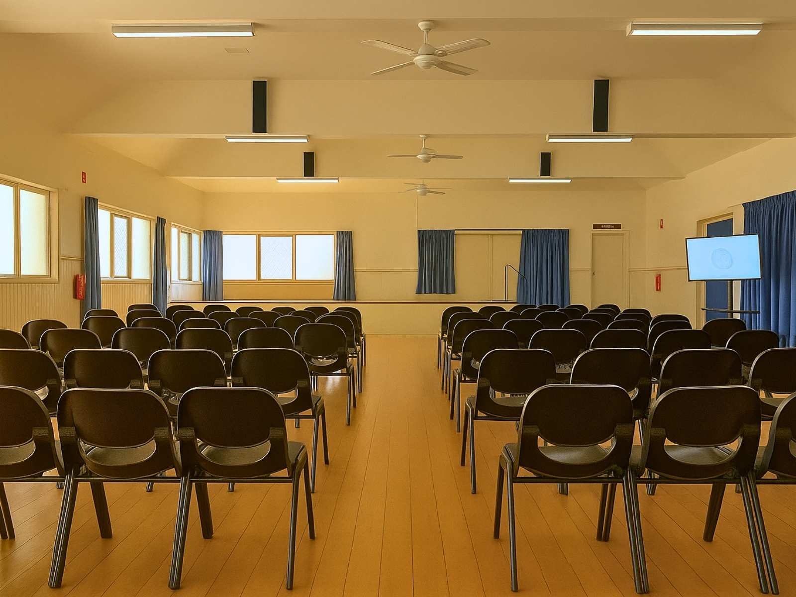 Interior view showing a clean, spacious layout with neatly arranged chairs and polished timber floors.