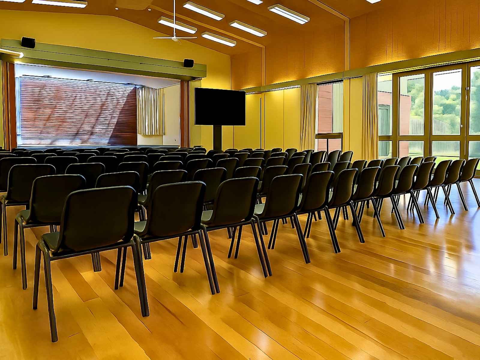 Rows of black chairs set up facing a stage inside the main hall, with polished timber floors and yellow walls.