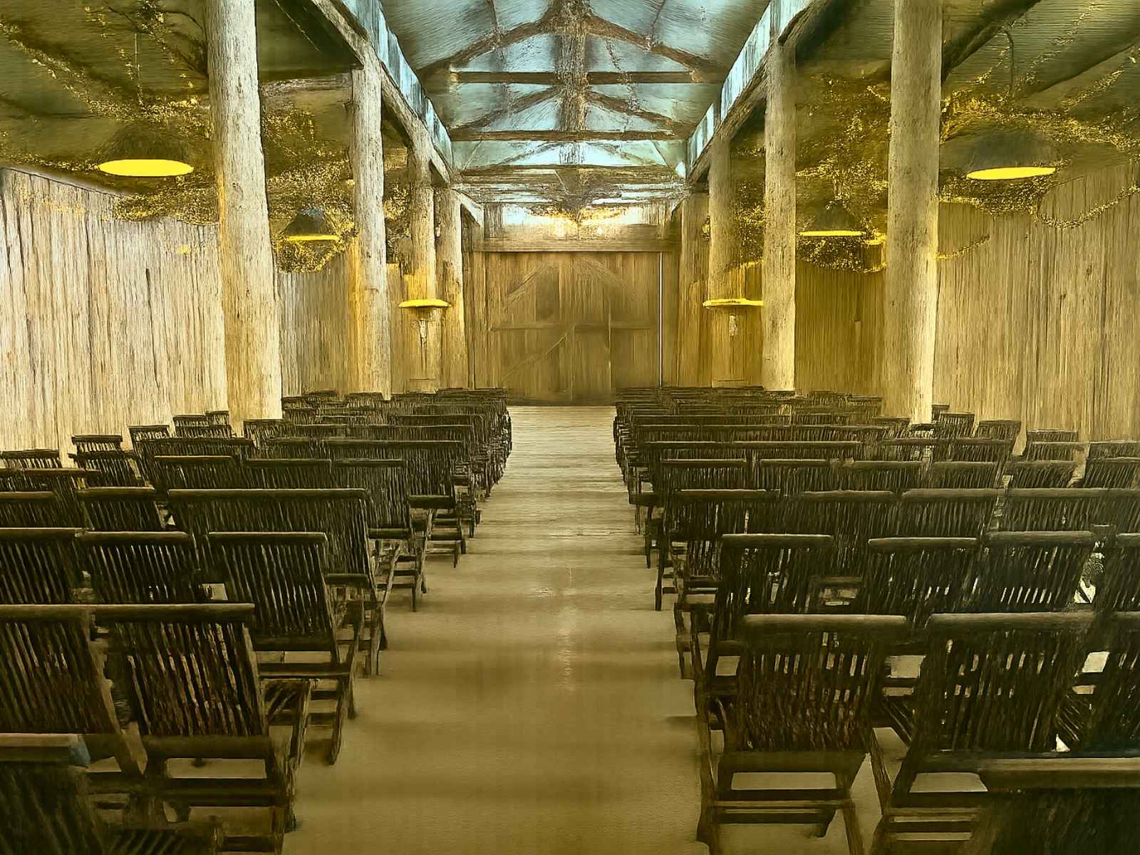 Tanglewood Estate barn setup for funeral service empty chairs